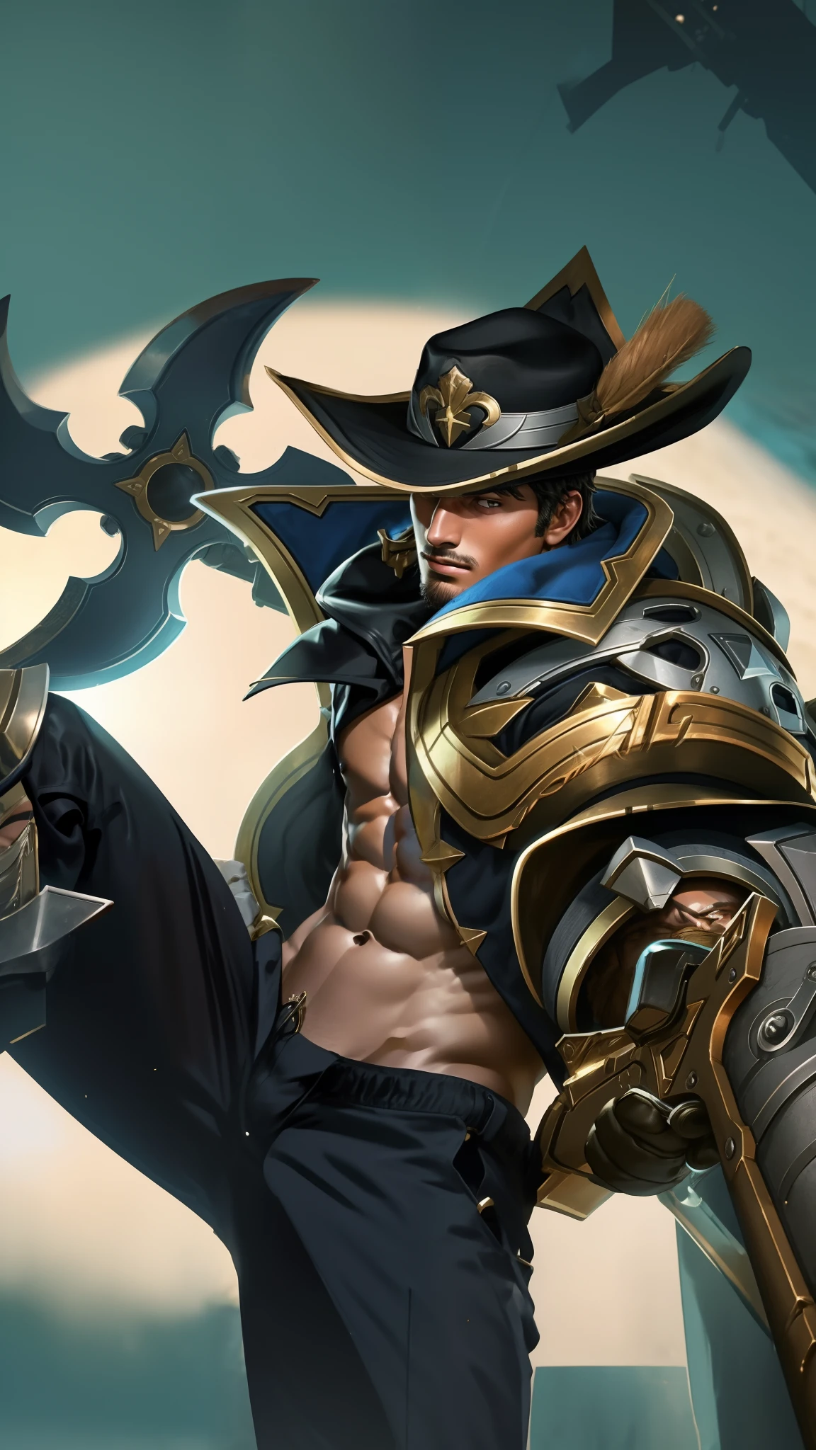 A young man holding a shield, the other hand holding a gun, good-looking, tanned, a tight six-pack bouncing body, naked, wearing a black hat, a level picture. 4K high profile complete body