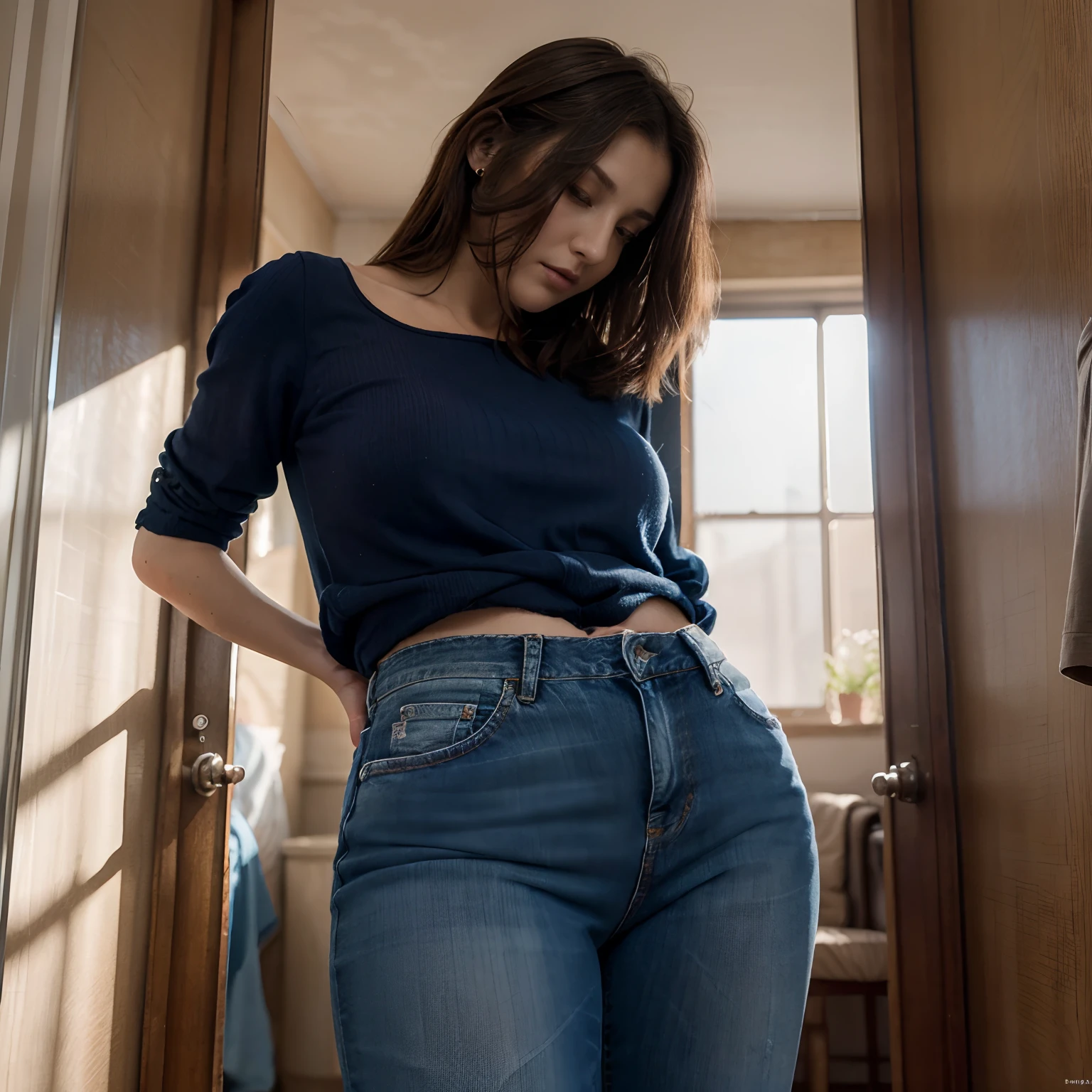 (Best quality, High resolution, Ultra-detailed:1.2), 1 mature woman in jeans and blouse, Illustrations, Couleurs vives, intense illumination, (Shameful dry bump session:1.2)