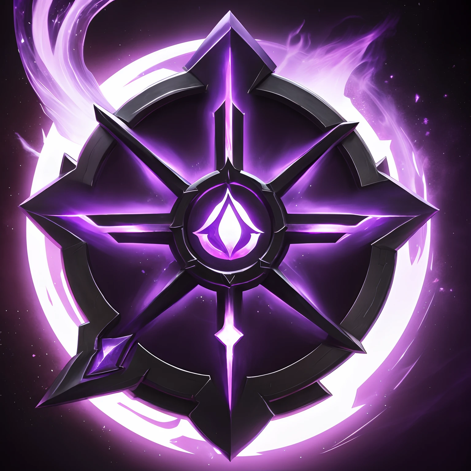 A close-up of a purple and black logo on a white surface, Mana flows around him, Purpurne, Antikes Symbol dahinter, Lila leuchtender Kern, Starkes JPEG-Artefakt verschwommen, Fantasy-Spiel-Zaubersymbol, Heartstone Original-Kunststil, World of Warcraft-Zaubersymbol, HERZSTEIN, Gedankenschinder