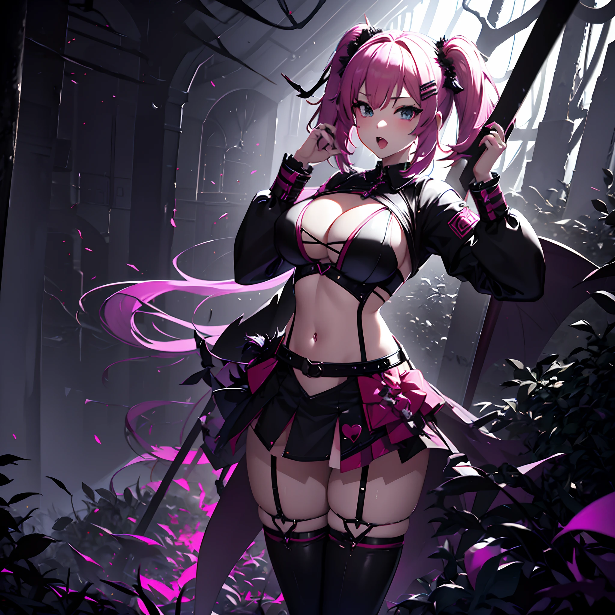 1 girl, solo, Akai_Haato, succubus idol, succubus wings, pink hair with black tups, short hair, twintails with hairbands, very large breasts, hand_to_mouth, enticing black crop top, erotic outfit, white mini skirt, translucent black stockings, alien-like woods in background, sexy pose