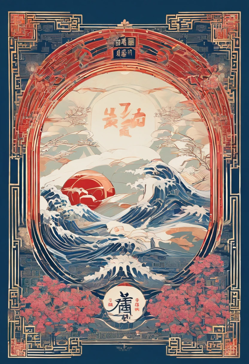 there is a blue book with a white design on it, wave, a silk screen inspired by Xiao Yuncong, behance contest winner, computer art, art cover, overlaid with chinese text, overlaid with chinese adverts, artwork in the style of z.w. gu, dvd screencapture, g liulian art style, detailed cover artwork, chinese fantasy