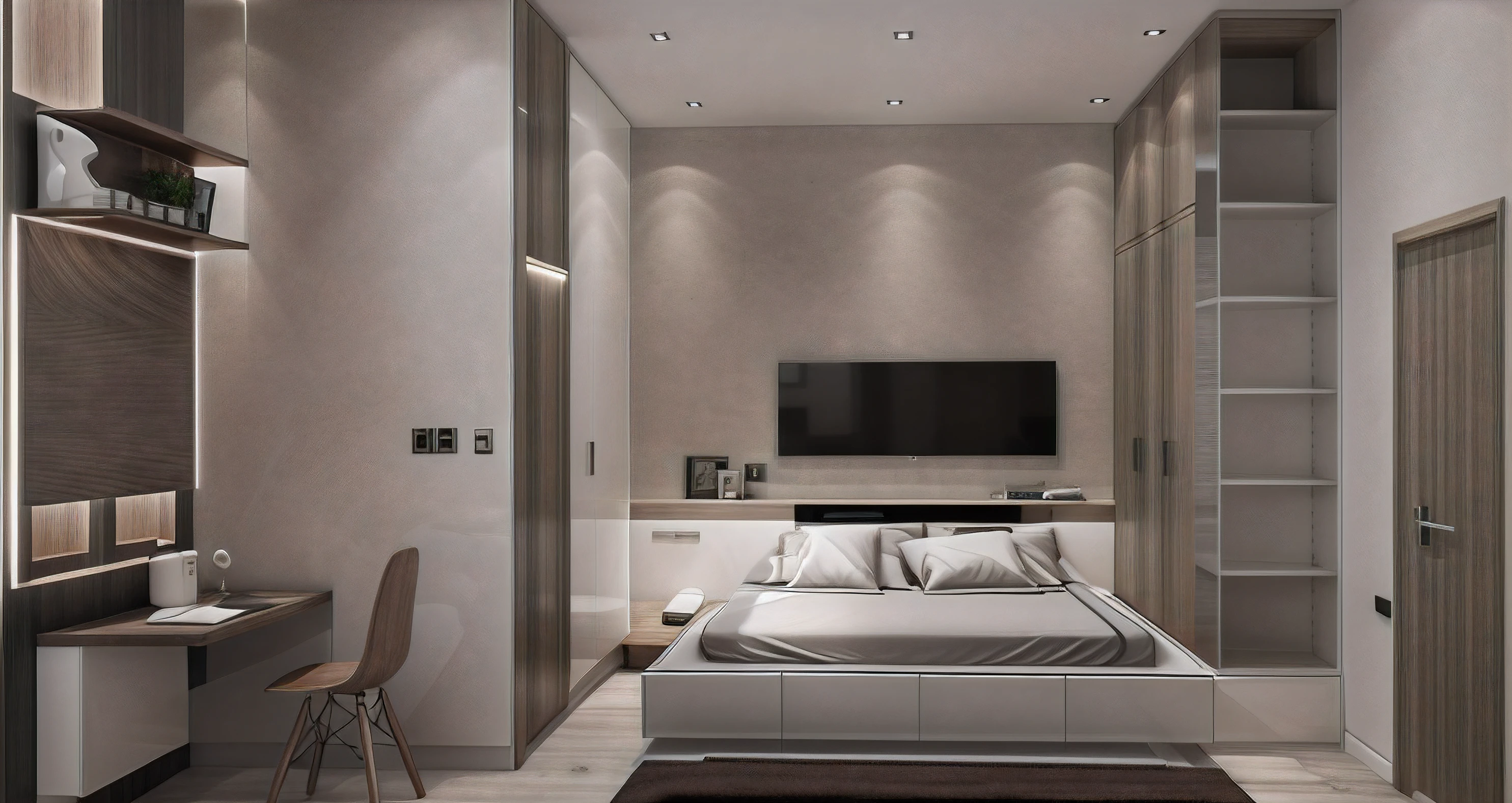 ((Best quality, 8k, Masterpiece :1.3)), Sharp focus :1.2, (photo realisstic: 1.2), (hyperdetails: 1.2), sunset, bedroom, white wall , dynamic (RAW photo, best quality, masterpiece:1.2), detailed, (hyper realistic, photo-realistic:1.2), high quality, (dark lighting:1.2), perfect lighting, archdaily, floor wood, window, 1 chair and table, cabinet, wardrobe combined with bed, white color wall, frame paint on the wall, 3d max render