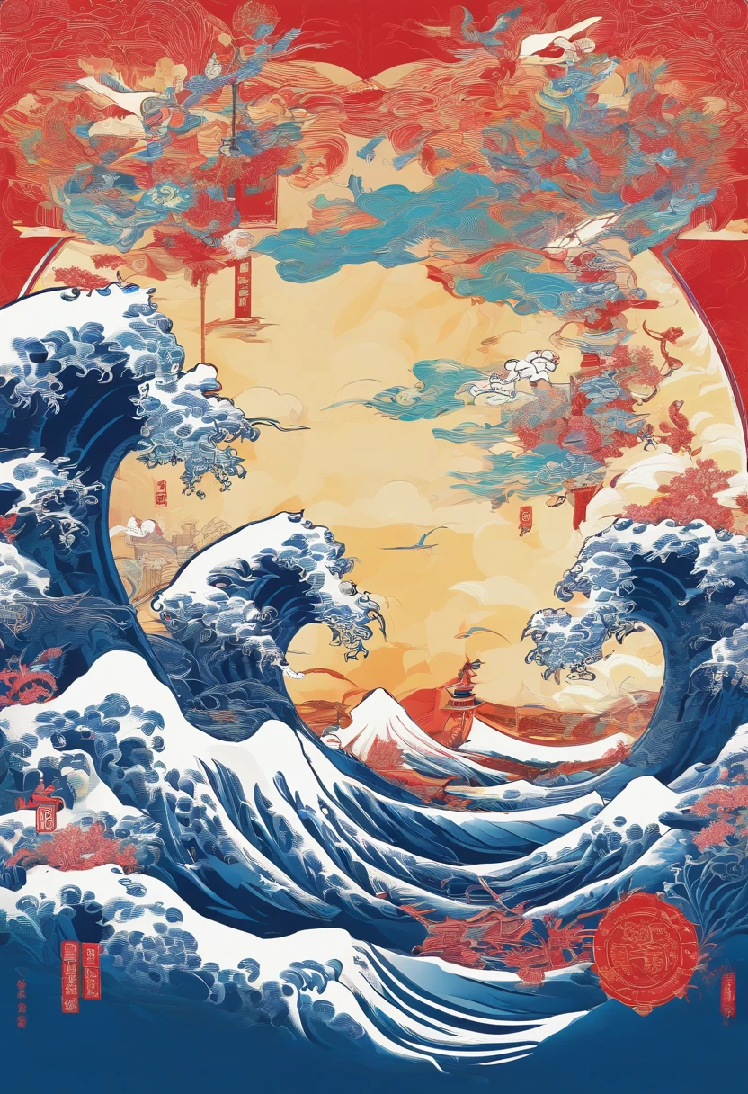 there is a blue book with a white design on it, wave, a silk screen inspired by Xiao Yuncong, behance contest winner, computer art, art cover, overlaid with chinese text, overlaid with chinese adverts, artwork in the style of z.w. gu, dvd screencapture, g liulian art style, detailed cover artwork, chinese fantasy