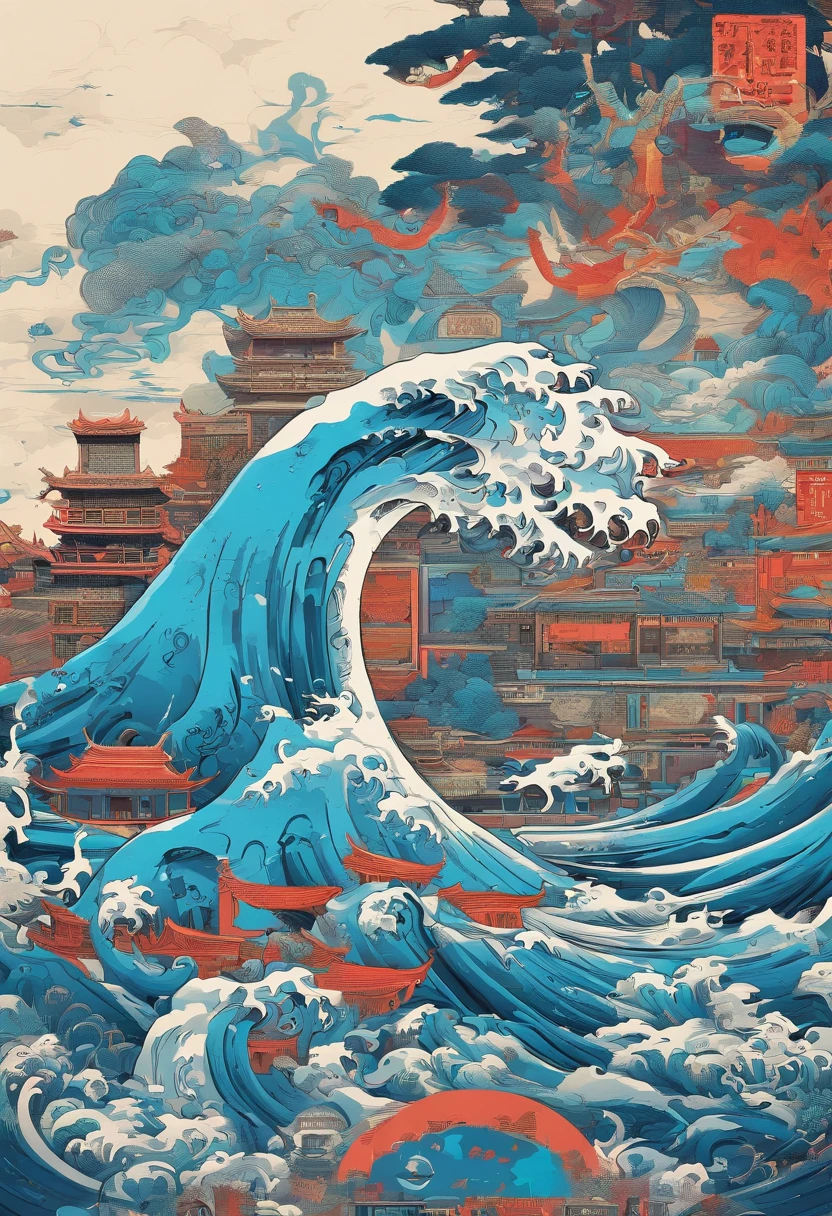 there is a blue book with a white design on it, wave, a silk screen inspired by Xiao Yuncong, behance contest winner, computer art, art cover, overlaid with chinese text, overlaid with chinese adverts, artwork in the style of z.w. gu, dvd screencapture, g liulian art style, detailed cover artwork, chinese fantasy