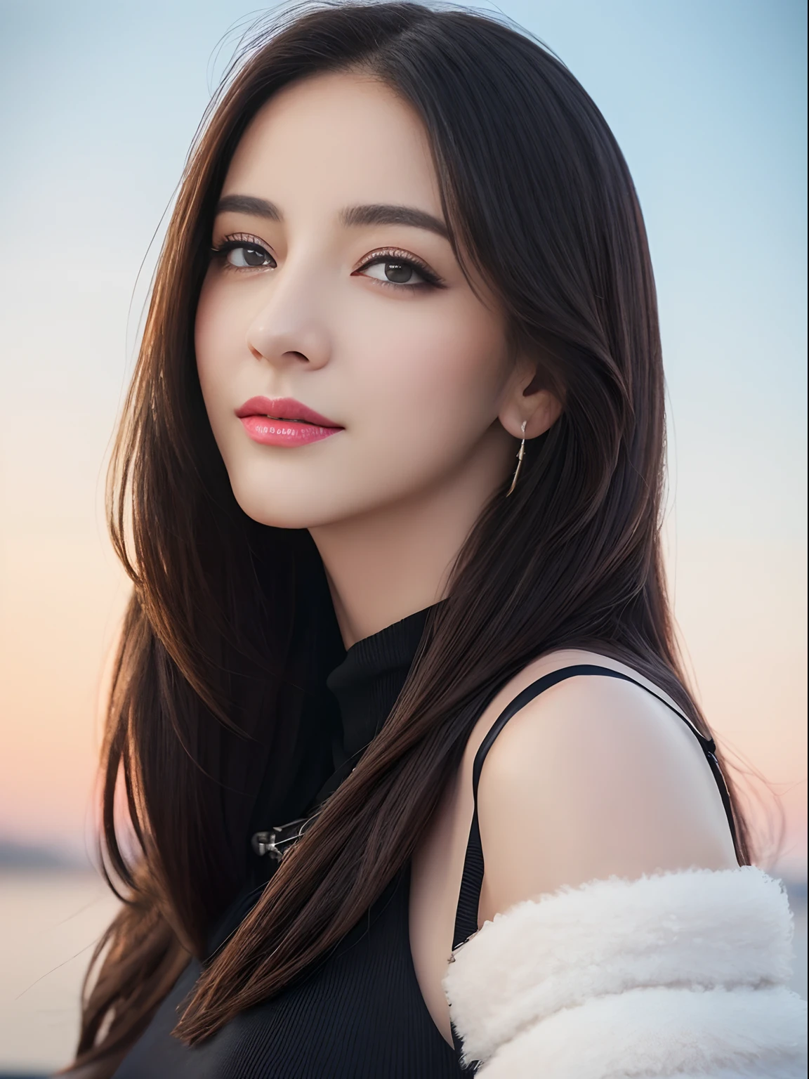 ((top-quality、8K、masterpiece:1.3))、extremely delicate and beautiful girl,realisticlying,Incredibly absurd,abstract art,From waist to shoulders,catch,extra detailed body,Short Black Hong Kong Style Hair,,Floating hair,light brown hair,Vitone Hair,beautiful fine hair,Exquisite and beautiful face,浅笑,Clear eyes, Black colored eyes,Neck_bow ribbon,frilld_Dress,beautiful and clear background,Beautiful sky,full bloom,very precise details,absurderes,extremely CG,((A sexy mature girl:1.5))、Thick lip、Crimson Lip Gloss、eye make up、((40 years:1.5))、Sweaters、Parisian café scene、Sunset sky、A smile