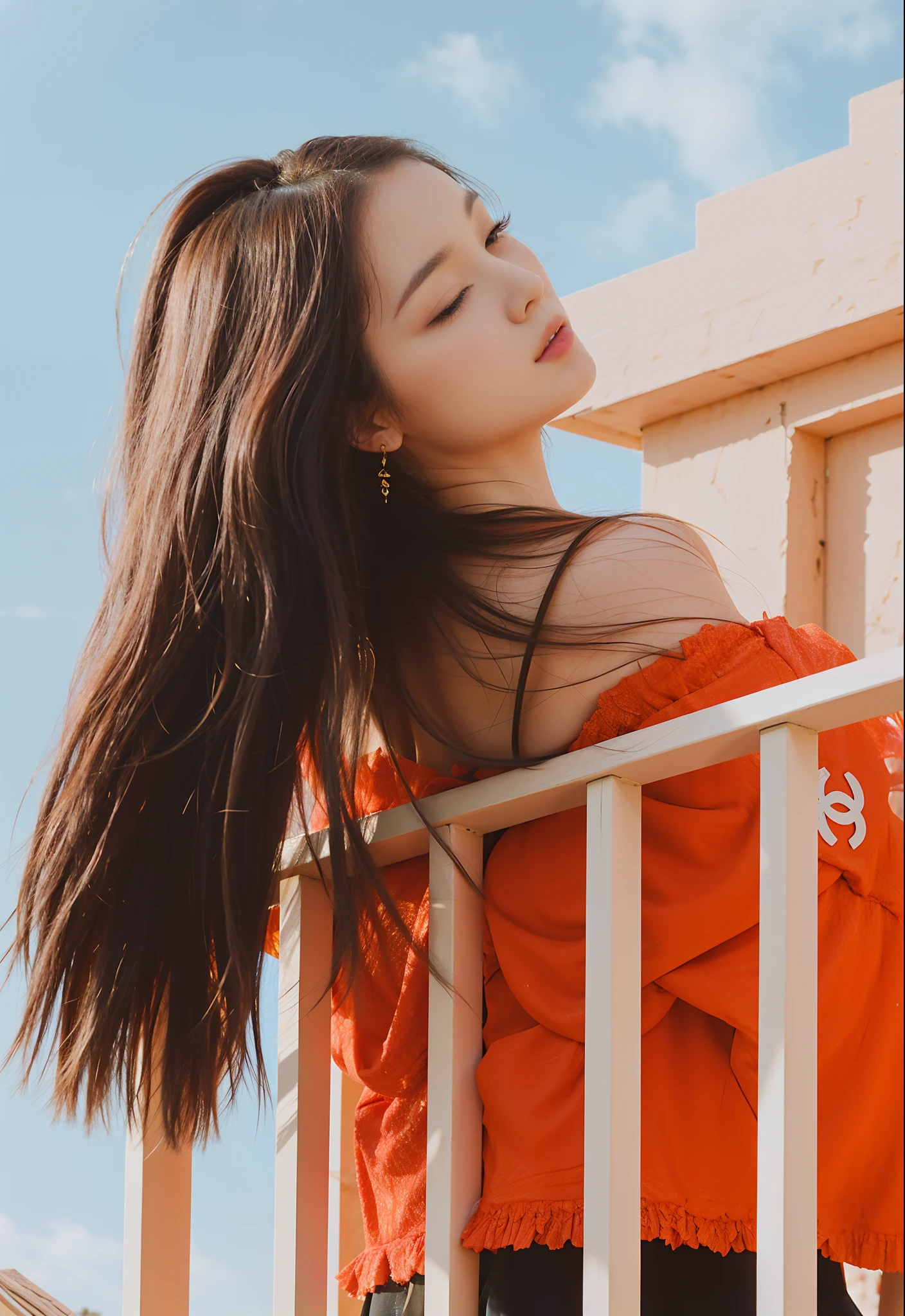 The long-haired woman leaned against the railing，With his eyes closed, bae suzy, On a sunny day, krystal, portrait jisoo blackpink, hot with shining sun, girl wears a red dress, shot at golden hour, Wearing a red cheongsam, portrait shooting, photoshoot, Album art, ulzzangs, jisoo of blackpink, red velvet, jisoo from blackpink