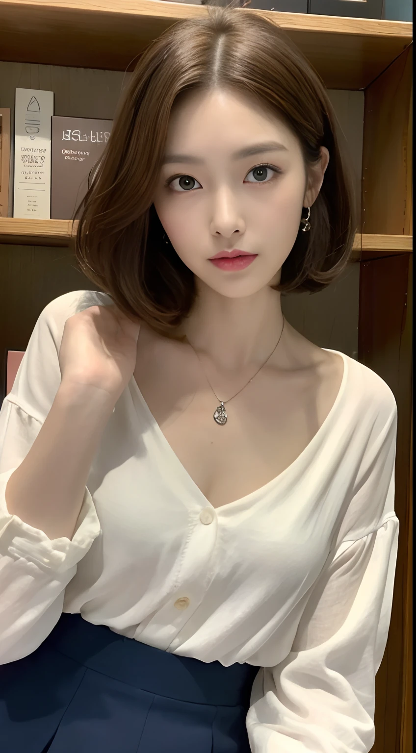 (top-quality、hight resolution、​masterpiece:1.3)、Tall and cute woman、Slender Abs、Light brown hair styled with loose waves、short-hair、Bob Style、tiny chest、Wearing a pendant、White button-up shirt、dark-blue skirt、(Library in the background)、Details exquisitely rendered in the face and skin texture、Slimed、A slender、Detailed eye、二重まぶた