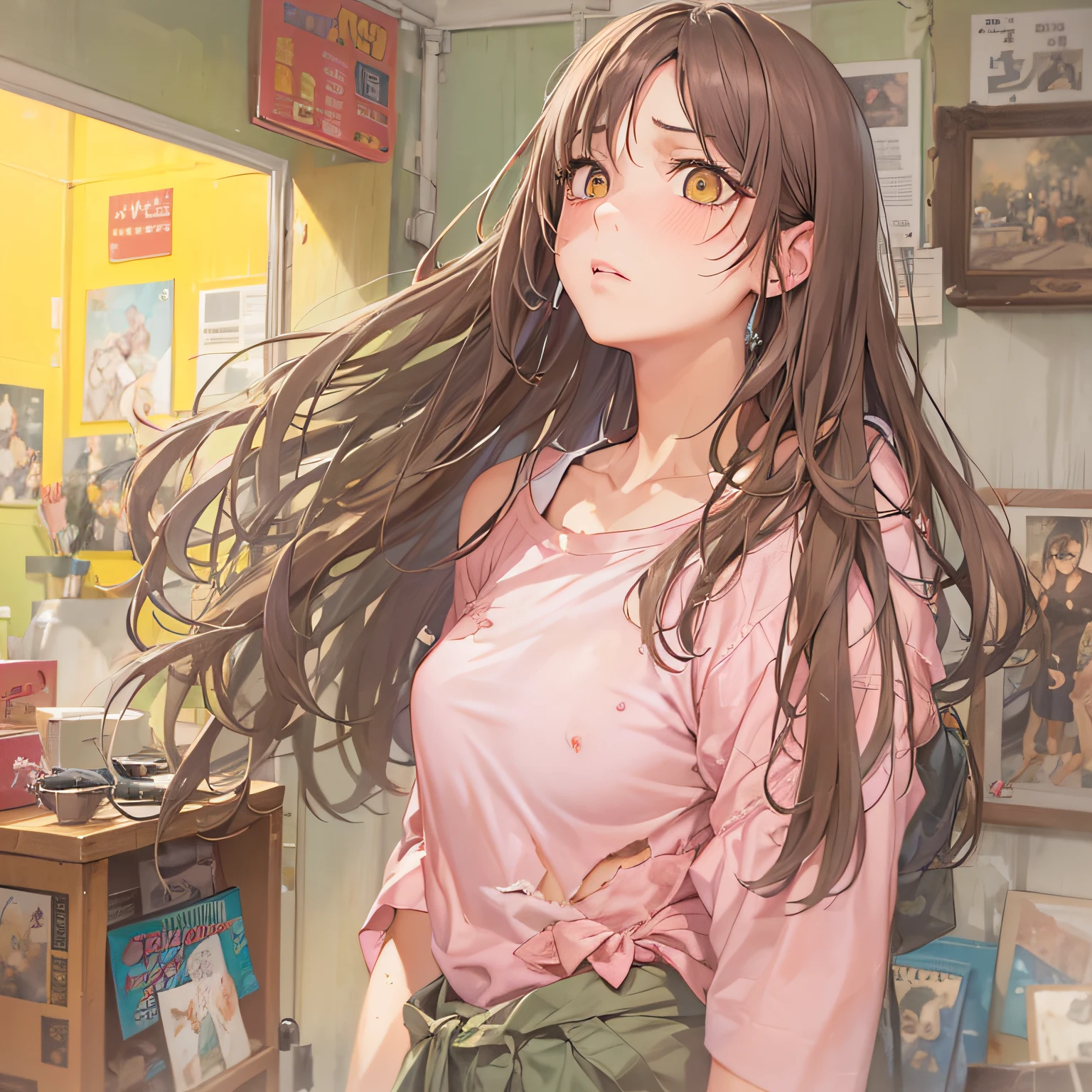 masterpiece、top-quality、(brown colored long hair:1.1)、20-year-old yellow-eyed woman、japanese comic book、Large one-shoulder T-shirt in pink、Clothes are torn to tatters、being thin、(flat breast:1.1)、(Troubled look:1.3)、(Staring:1.5)、(Close-up of the subject's face:1.3)、The background is the entrance to the apartment、Bold composition、Upper body is shown、Alone、