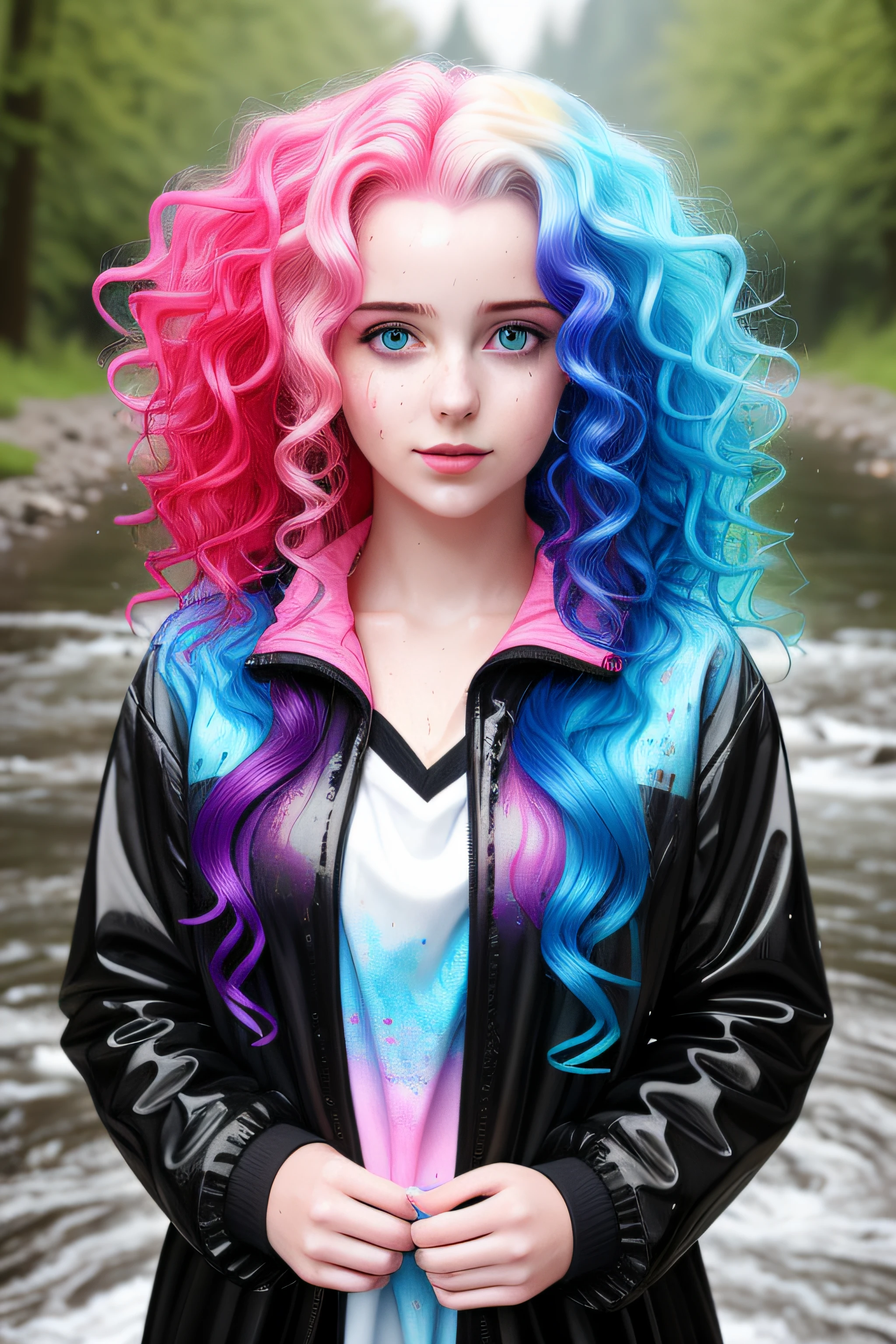 a woman with colorful hair standing in a stream of water, the curls are smeared with paint of different colors, a cute and beautiful young woman, hyper real photo, she is wearing a wet coat, beautiful young catgirl, dripping technique, discord pfp, 10 bit colour, neatly coming out of her head, spray, hdr, 8k