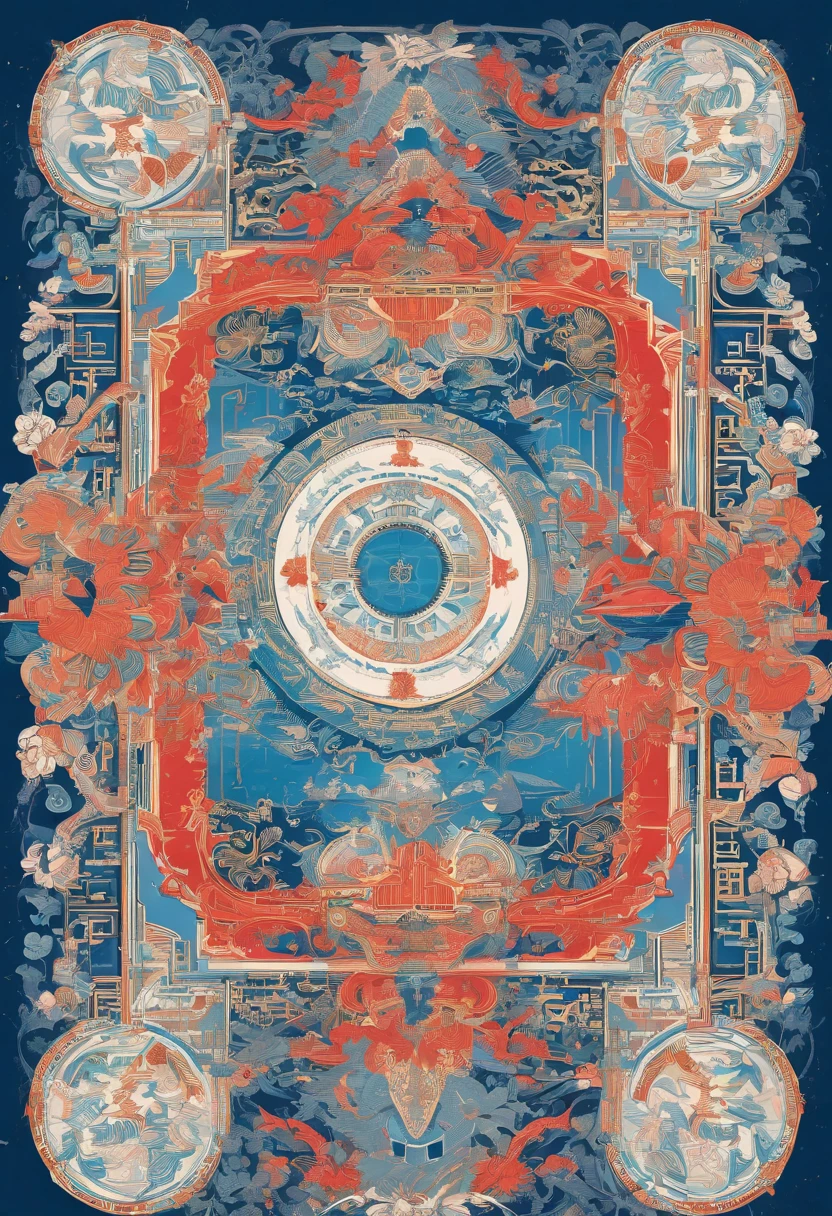 there is a blue book with a white design on it, a silk screen inspired by Xiao Yuncong, behance contest winner, computer art, art cover, overlaid with chinese text, overlaid with chinese adverts, artwork in the style of z.w. gu, dvd screencapture, g liulian art style, detailed cover artwork, chinese fantasy