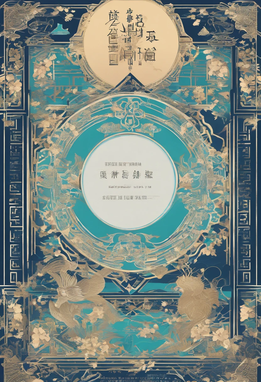 there is a blue book with a white design on it, a silk screen inspired by Xiao Yuncong, behance contest winner, computer art, art cover, overlaid with chinese text, overlaid with chinese adverts, artwork in the style of z.w. gu, dvd screencapture, g liulian art style, detailed cover artwork, chinese fantasy