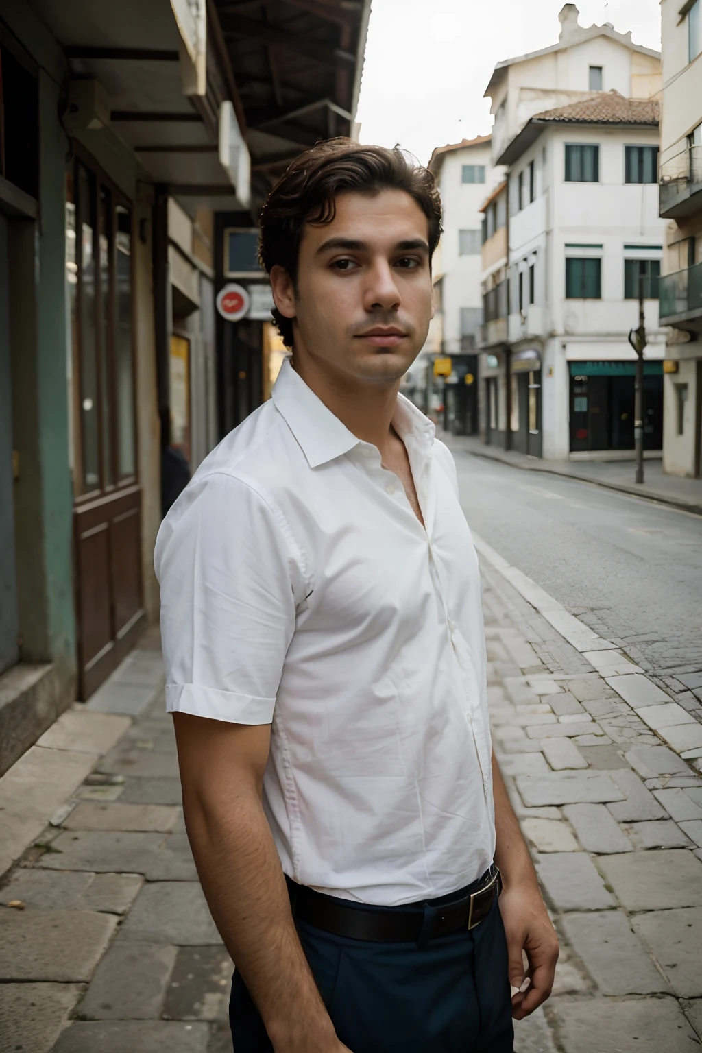Homem de camisa branca tirando fotos nas ruas da cidade, with a concentrated expression, Camera pointed at the cityscape. Still image by Lucas Graziano, Raphael Personnaz, Retrato no meio da foto, Fotografado em 8K, Inspired by the style of Clément Serveau, Retrato de Danny Gonzalez, Avoiding eye contact with the camera. Rafael, Mario, capturando o momento perfeito, inspirado no filme de Denis Villeneuve.
