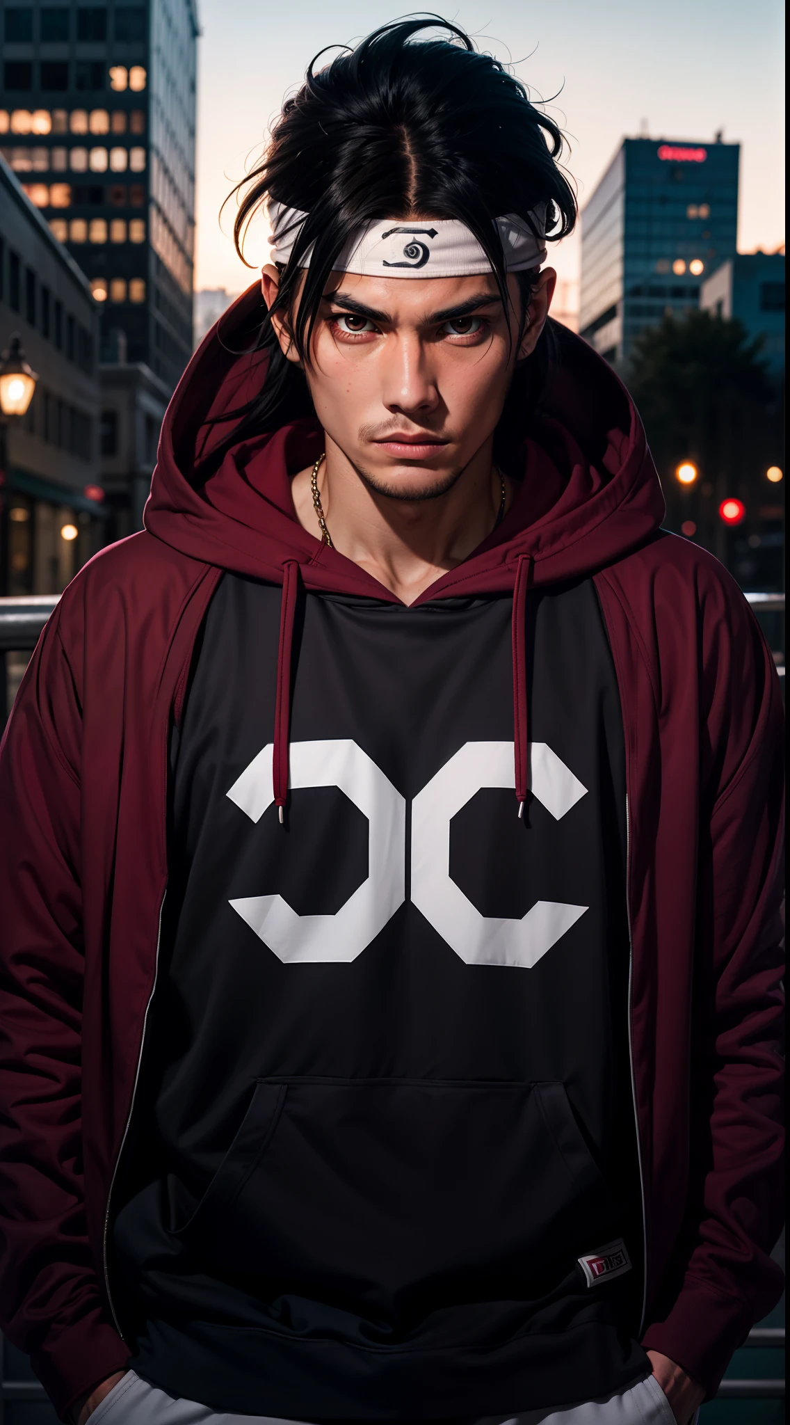 masterpiece, ultra-detailed, 1boy, male focus, upper body shot, Hashirama wearing maroon Streetwear Hoodie, long black hair, white headband, look at viewer, Serious face, vibrant colors, cityscape background, dinamic lighting, highly detailed face, stylish, urban style, cool attitude, bokeh, blurry background,