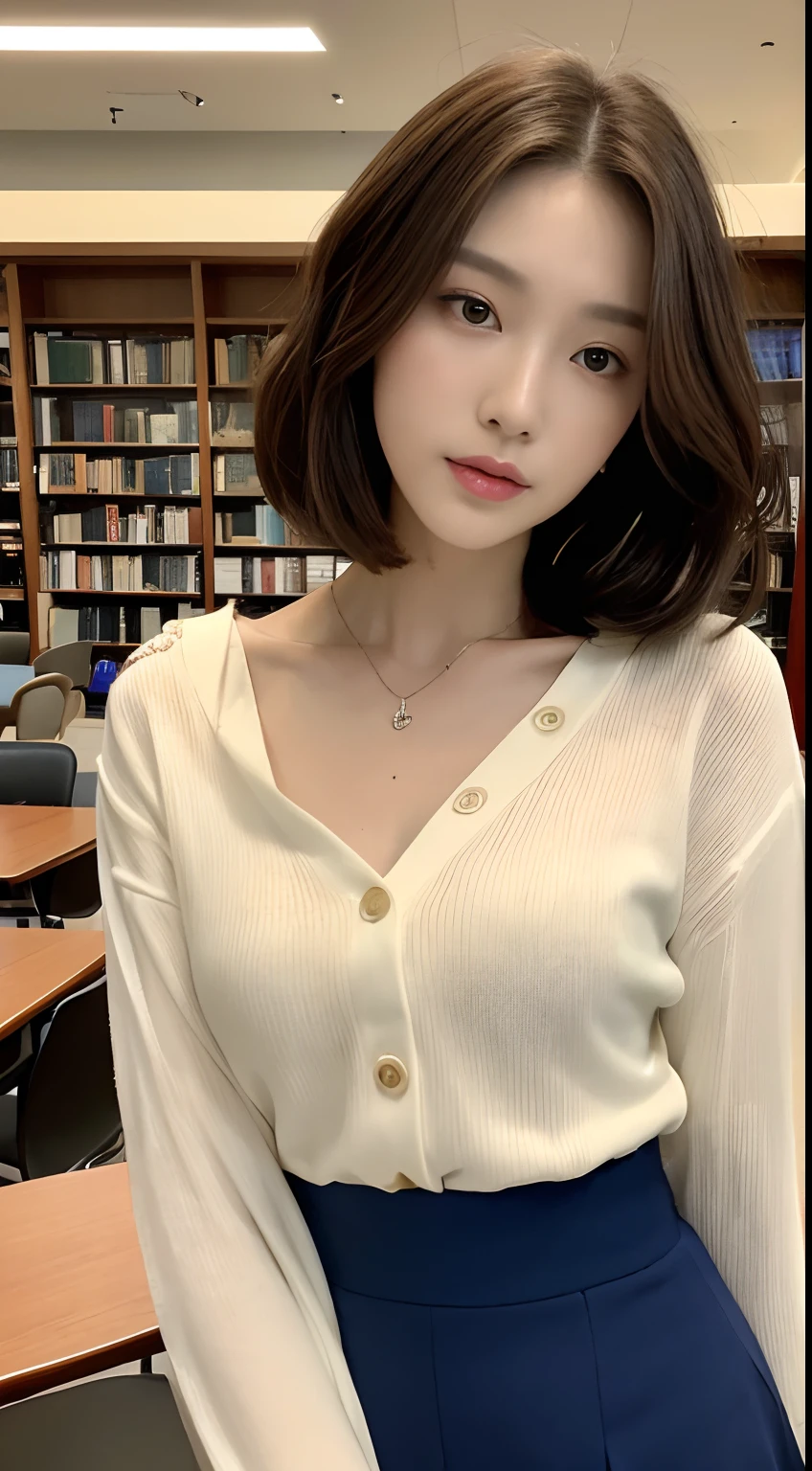 (top-quality、hight resolution、​masterpiece:1.3)、Tall and cute woman、Slender Abs、Light brown hair styled with loose waves、short-hair、Bob Style、tiny chest、Wearing a pendant、White button-up shirt、dark-blue skirt、(Library in the background)、Details exquisitely rendered in the face and skin texture、Slimed、A slender、Detailed eye、二重まぶた