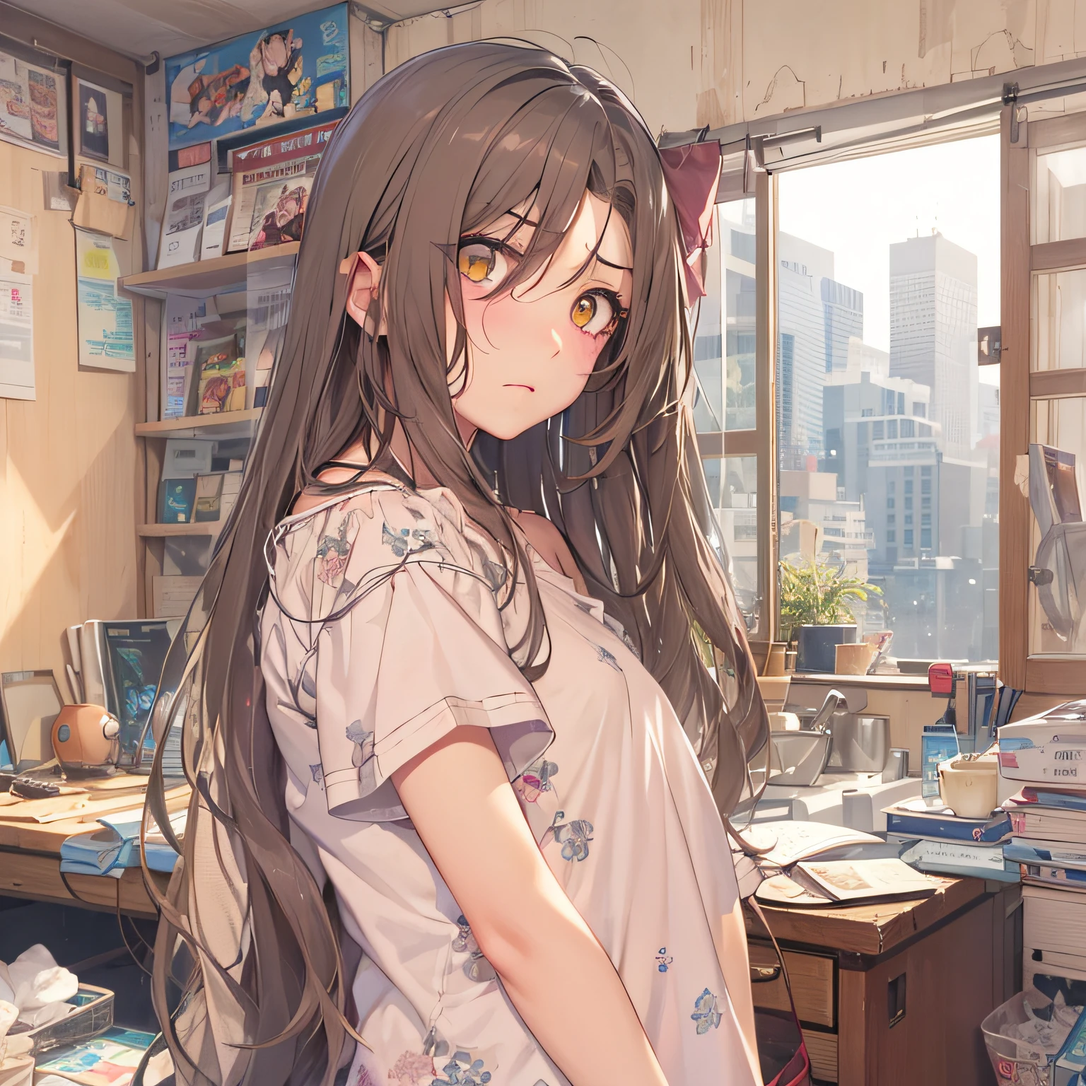 masterpiece、top-quality、(brown colored long hair:1.1)、20-year-old yellow-eyed woman、japanese comic book、Large one-shoulder T-shirt in pink、Clothes are torn to tatters、being thin、(flat chest:1.1)、(Troubled look:1.3)、(Staring:1.5)、(Close-up of the subject's face:1.3)、The background is a room in an apartment、Bold composition、Upper body is shown、Alone、