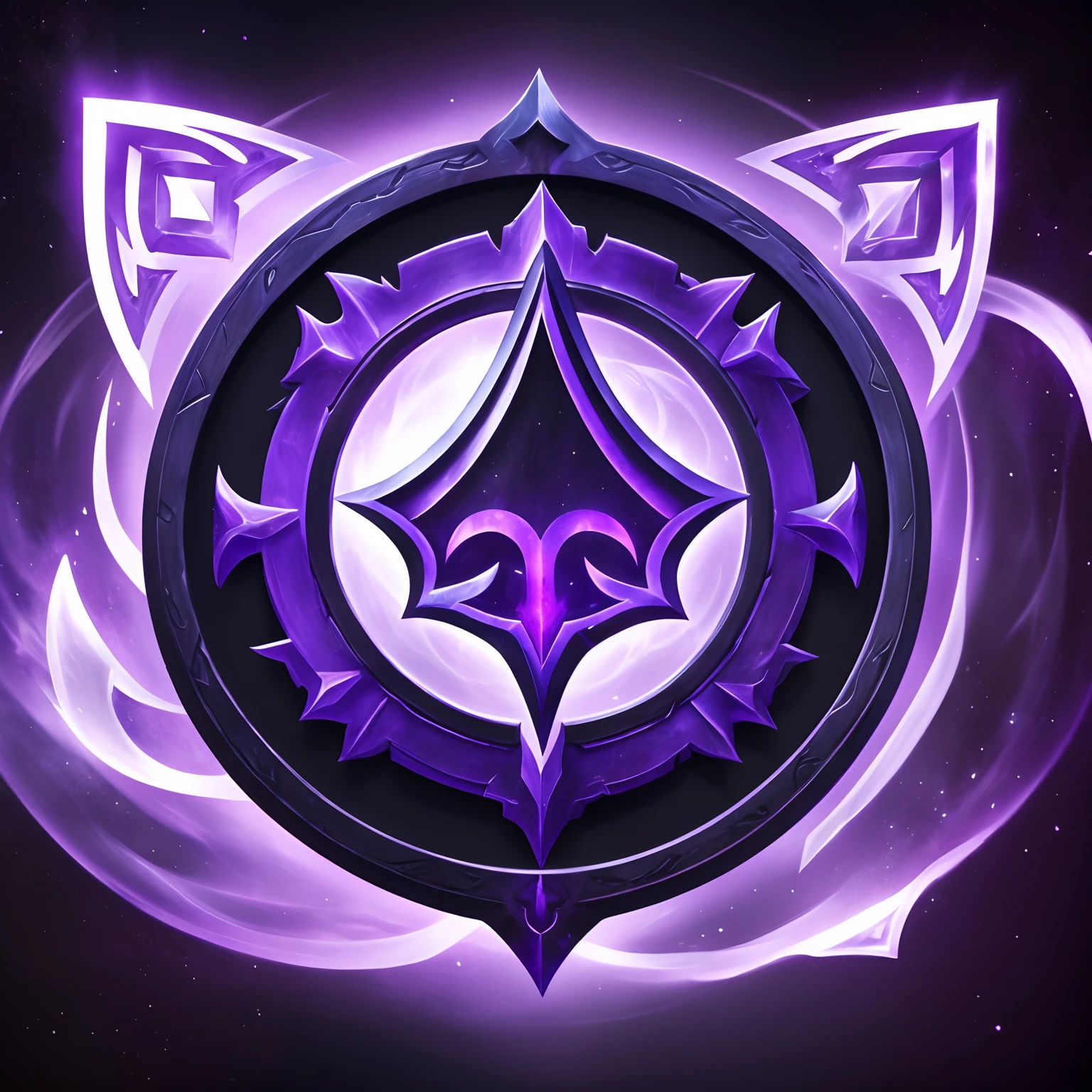 A close-up of a purple and black logo on a white surface, Mana flows around him, Purpurne, Antikes Symbol dahinter, Lila leuchtender Kern, Starkes JPEG-Artefakt verschwommen, Fantasy-Spiel-Zaubersymbol, Heartstone Original-Kunststil, World of Warcraft-Zaubersymbol, HERZSTEIN, Gedankenschinder,blaue akzente,