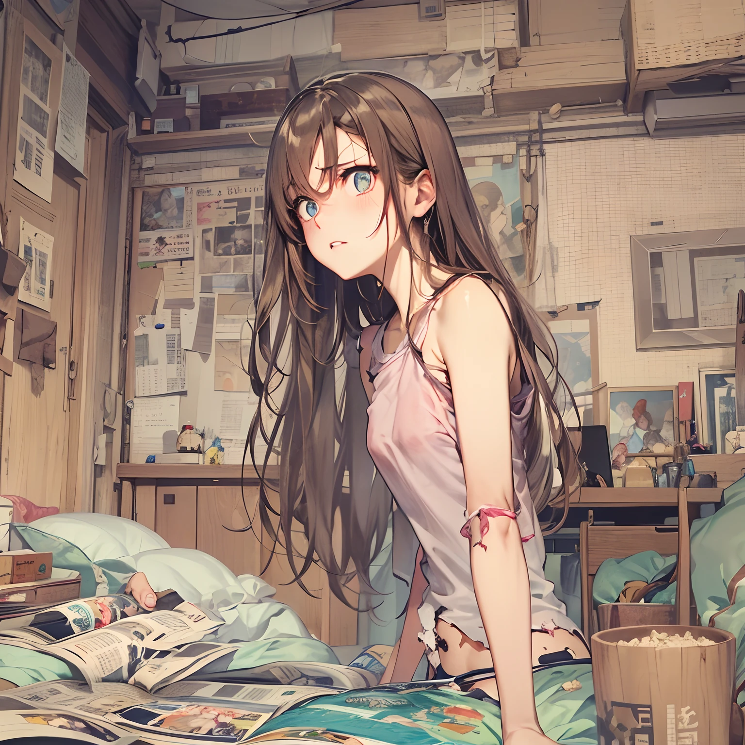masterpiece、top-quality、(brown colored long hair:1.1)、20-year-old yellow-eyed woman、japanese comic book、Large one-shoulder T-shirt in pink、Clothes are torn to tatters、being thin、(flat chest:1.1)、(Troubled look:1.3)、(Staring:1.5)、(Close-up of the subject's face:1.3)、The background is a room in an apartment、Bold composition、Upper body is shown、Alone、