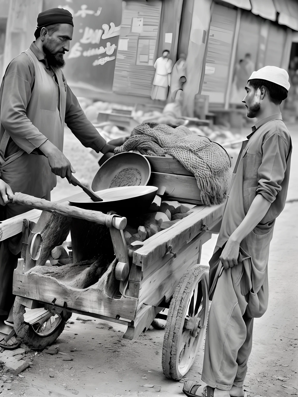 araffes and a man are standing next to a cart with a large piece of wood, by Riza Abbasi, workers, monochrome black and white, people at work, monochrome bw, monochrome, selling his wares, taken with a leica camera, captured on iphone, working hard, !! low contrast!!, street vendors, black and white monochrome, shot on leica