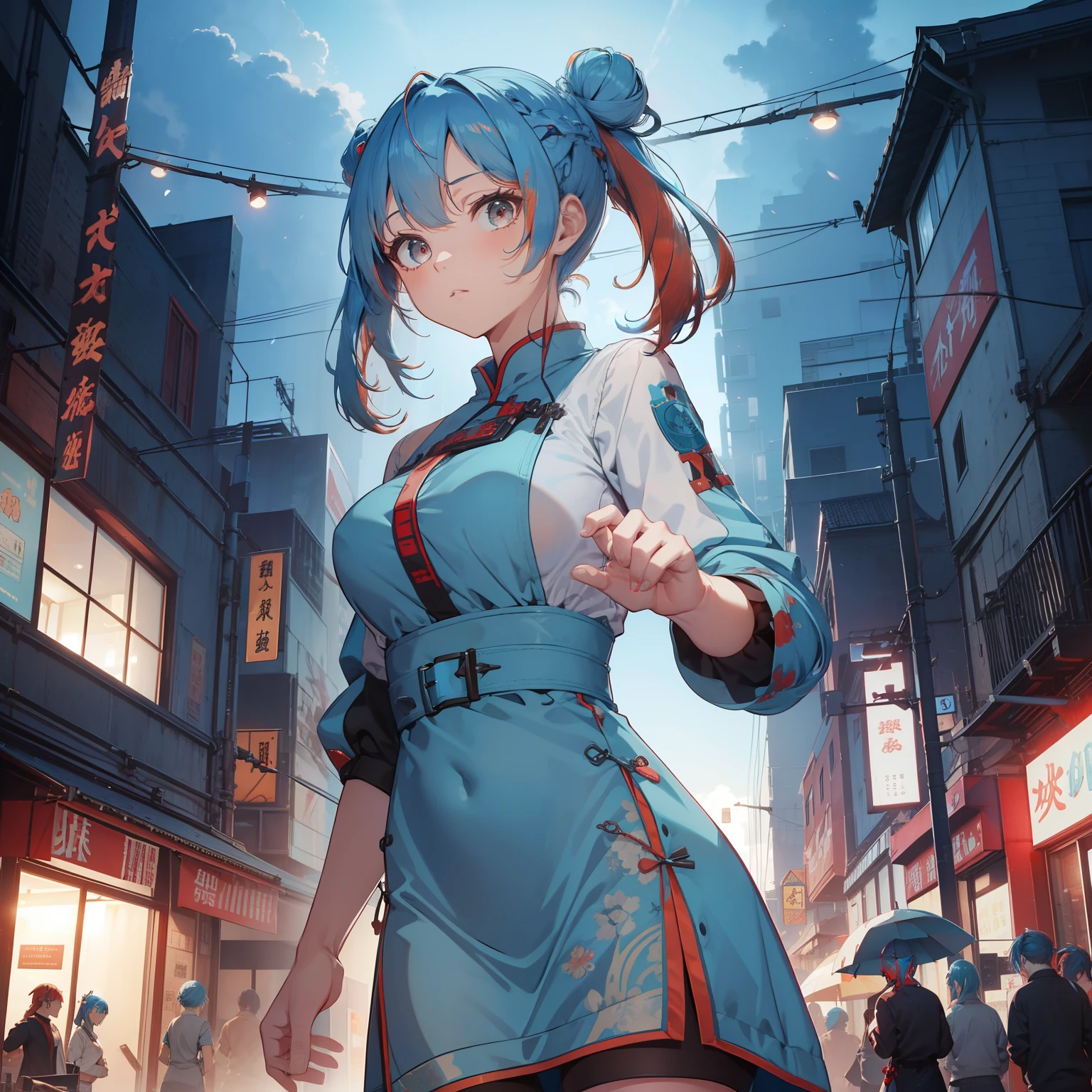 (masutepiece,Best Quality,8K),(extremely detailed CG1.1),1 girl,deadpan,large boob,factories,nighttime scene,(From below:1.2),Summer light,Intricate details , Hyper realistic, Perfect Anatomy,Red Eyes,Bun,((((((lightblue hair)))))),Bangs,hair slicked back,Full body,qipao dress,short-hair,Powerful Pose