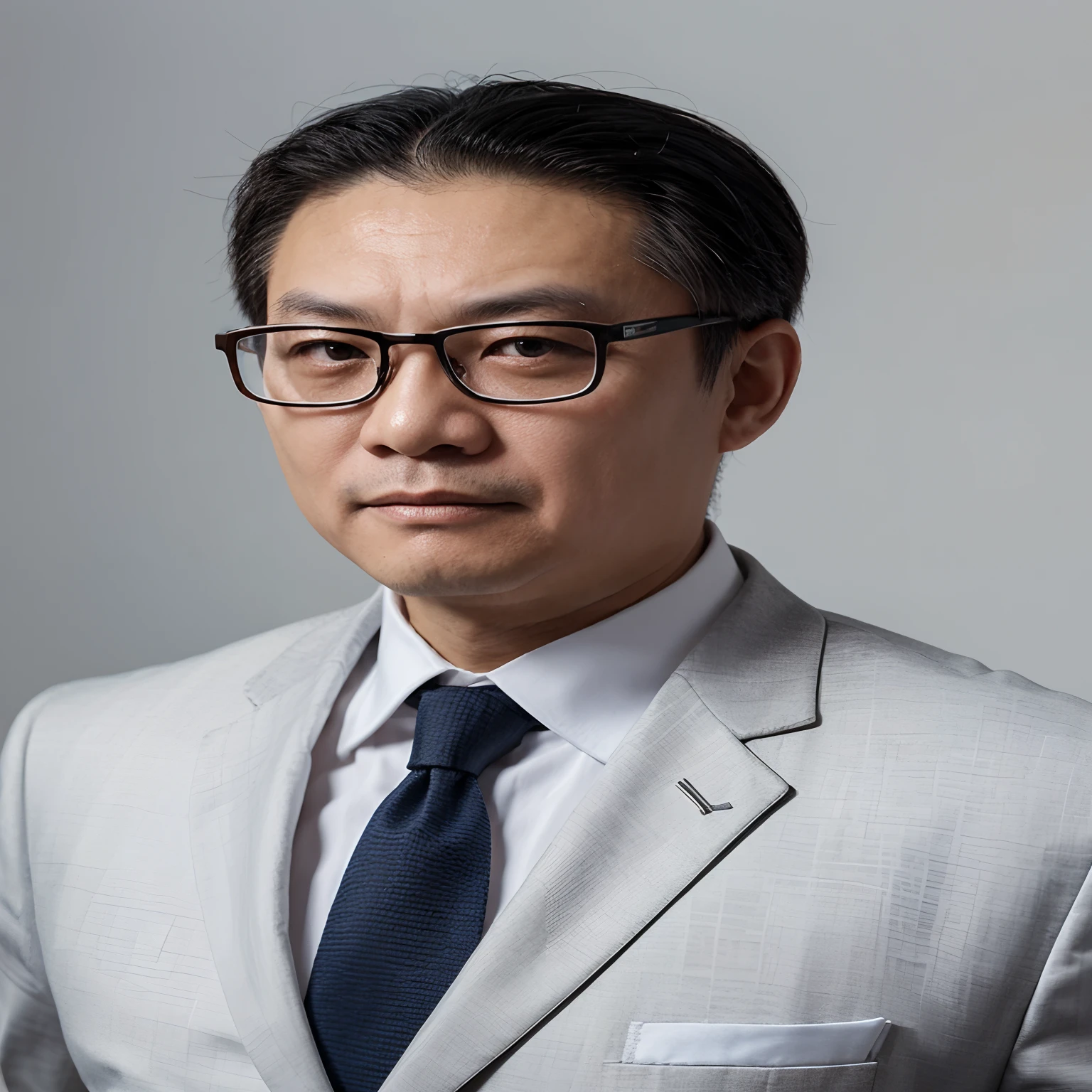Close-up of a middle-aged Chinese man in a suit,Wear glasses on a white background,There is a clear face on the front