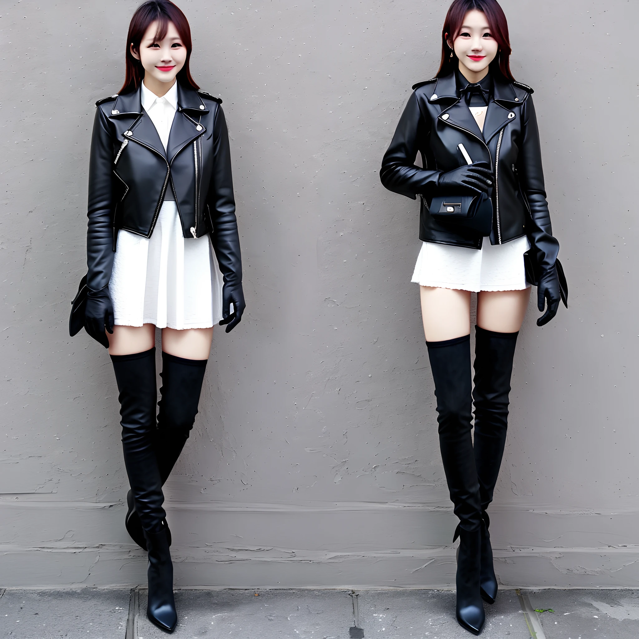 He wears black leather gloves on both hands、Black Leather Double Rider's Jacket、Black leather mini skirt、Black Leather Knee High Long Boots、entrance、Japan transcendent beautiful girl