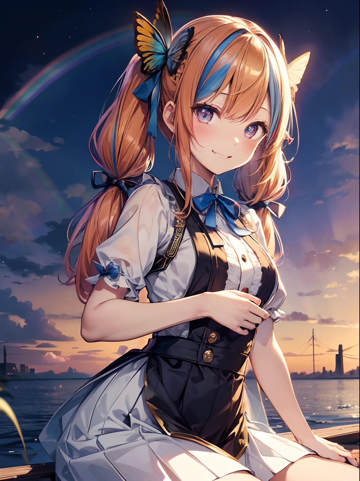 (masutepiece:1.3), (8K, Photorealistic, Raw photo, Best Quality: 1.4), Beautiful face, (Realistic face), Beautiful detailed eyes, (Realistic skin), Attractive, Intricate details,Golden ratio, 1 girl,Naughty smile, (rainbow hair:1.4),((Long twintails,Ribbon 1.4)),(Blue butterfly hair ornament),newyork, (gradation hair, Dutch angle:1.3), film grains, chromatic abberation, 城市, masterpiece, top-quality, Raw foto, Photorealsitic, a smile、Smiling with wide open mouth, 1girl in, cute little, Near and far law, cowboy shot, hight resolution, ultra-detailliert, Eyes and faces with detailed, Sharp pupils, Realistic pupils, foco nítido, 夏天, natta,