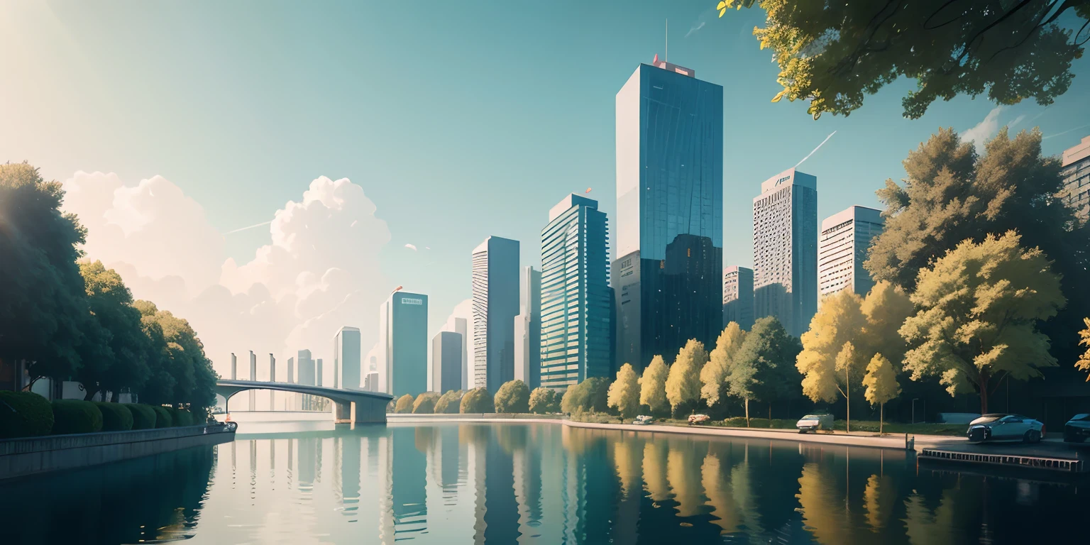 modern city scape， tall house， green trees， lakes， blue-sky， baiyun， rays of sunshine， tmasterpiece， super detailing， Epic composition， hyper HD， high qulity， extremely detaile， offcial art， 统一 8k 壁纸， super detailing， 32k - v 6