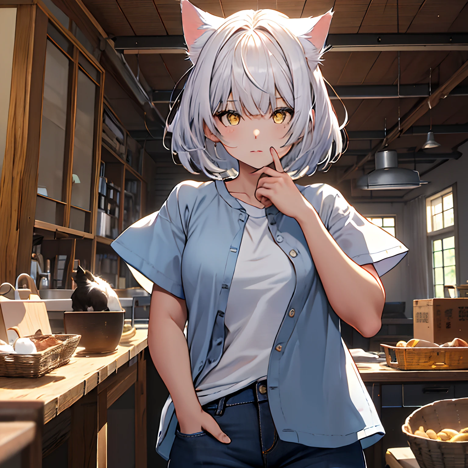 ​masterpiece, top-quality, Hi-Res, SH1, Black Hakawa, white  hair, bob cuts, Cat's ears, Yellow eyes, cat eyes eyes, Blue shirt, white t-shirts, Blue jeans, cowboy  shot, in a house, looking at the viewers, Bewitching look, (1girll:1.3)