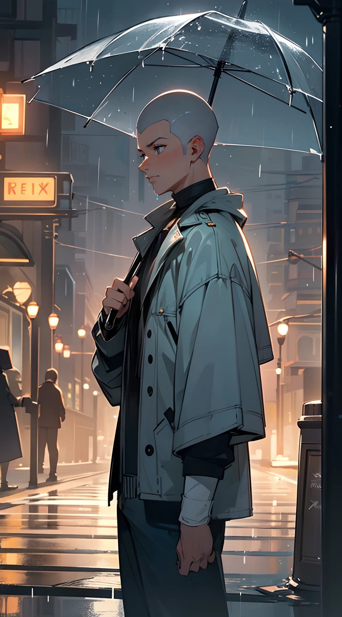 Handsome man , White hair , ((very Short hair:1.3)), ((crew cut hair style:1 )) , Blue eyes , light skin , ((muscular:1)),masculine ,((hair shaved on the sides:1.3)) ,age 28,
Wearing A black hoodie, blue jeans , solo,
(masterpiece, best quality:1.3),beautiful detailed glow,best illuminate,(((best quality,textile shading,ultra detailed))),extremely detailed CG unity 8k wallpaper,Highly Detailed beautiful and aesthetic,best light,high resolution,detailed,dynamic lighting , 1Character , pastel washed out colors , cell shade , soft, muted shades ,gentle colors ,
, rain cascades through the cityscape, creating a shimmering curtain of vertical lines. Neon lights from the buildings and street lamps cast colorful glows into the night. Umbrellas of various shapes and colors dot the frame, held by anonymous figures beneath.
The streets are glossy with rain, reflecting the surrounding cityscape like a polished mirror. Pedestrians walk briskly, partially shielded by their umbrellas, while others are captured mid-stride. A couple of figures wait at a crosswalk, and the soft glow of a nearby café's sign adds a warm touch to the scene.
The streets are populated by a variety of vehicles. Car headlights and taillights leave streaks of light as they move through the intersection. A solitary bicycle is propped against a lamppost, hinting at the possibility of a cyclist seeking shelter from the rain.
Steam rises from a coffee cup on a cafe table, and the window's interior shows a cozy, inviting setting.