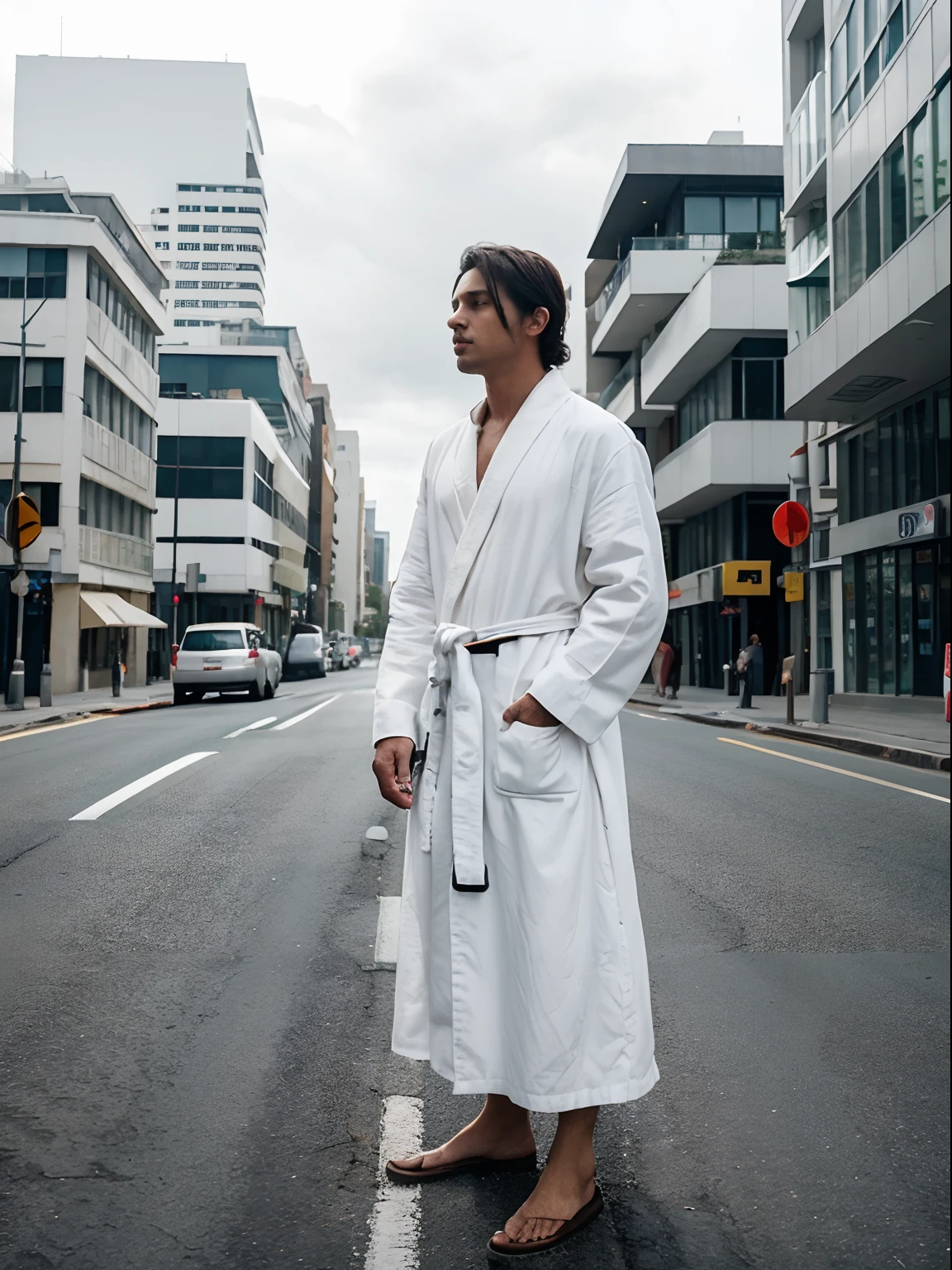 man is standing. wearing a white robe. future city background. midday. in the middle of the road. quiet. realistic photo