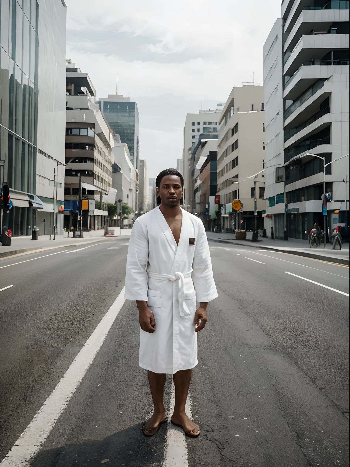 man is standing. wearing a white robe. future city background. midday. in the middle of the road. quiet. realistic photo