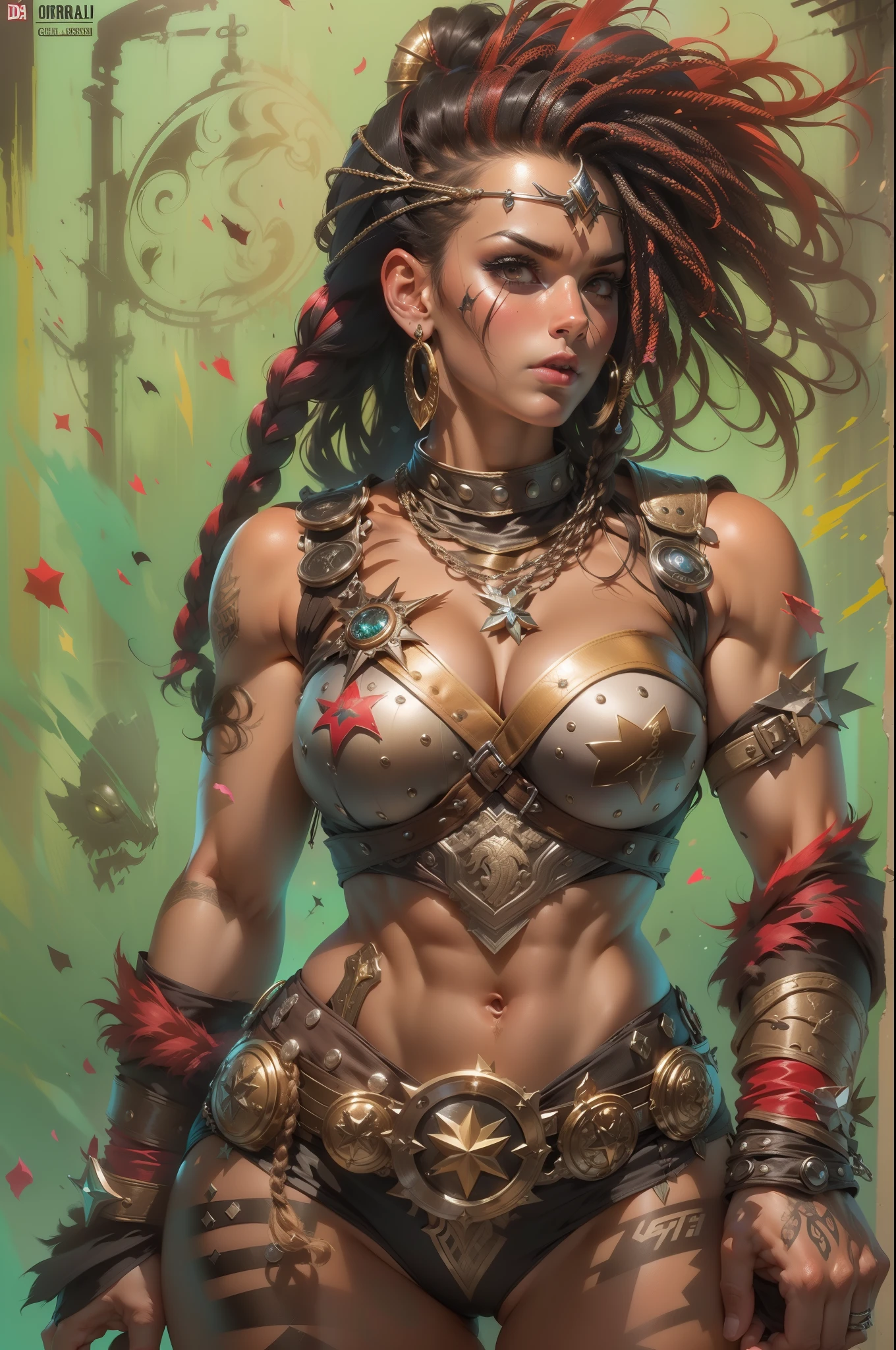 (((mulher))), (((melhor qualidade))), (((obra prima))), (((adulto))), ((( Vision from the waist up ))), comics style, Uma mulher guerreira gladiadora Barbara loira, of 30 years with athletic body, Post Apocalypse, Armadura moderna, capuz, Half-moon symbols and gold stars on clothing, Arabic symbols, muitas joias, (((sozinho))), (((1girl))) , Gladiadores do Brooklyn, quase nua no estilo selvagem urbano de Simon Bisley para a capa da revista Heavy Metal, cabelos moicanos, pose sensual, tiny leather panties, , Minimum clothing, black and red arabesque pattern, armadura, cheio de pontas e estrelas, (((da cintura pra cima))), mohawk hair with small braids, explosion of colors, Wowdk