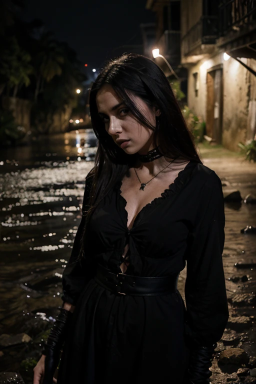 Mujer,, delgado, lloroando,mirara triste , ((Capa negra)), Pale skin, Ojos negros llenos, Gothic, oscuro, mal, horripilante, Dark Fantasy Character,en un rio arroyo,noche, abajo de un calicanto,noche oscura. anochecer, ropa que le tapa esta el cuello,