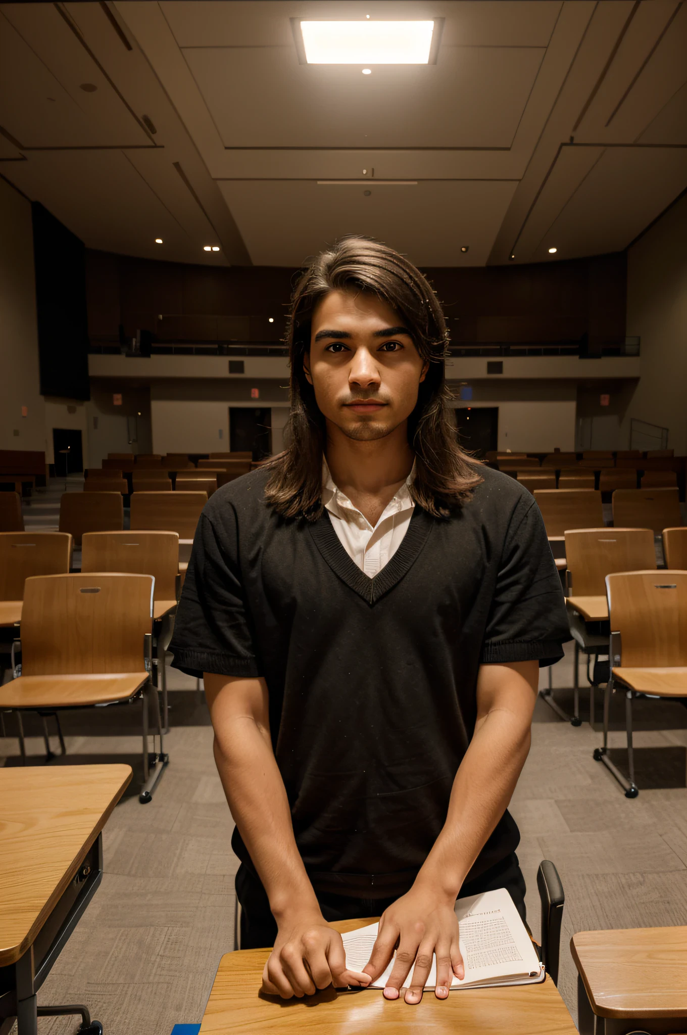 In a university auditorium, there is a man sitting and deep in thought, with his brows knitted and eyes focused. The man is dressed in formal attire, and his body language suggests an intense concentration. His hands are placed on the armrest of the chair, portraying his seriousness and engagement in the learning process.
At the front of the auditorium, a professor is standing in front of a teaching board, explaining a complex concept. The professor's body language exudes confidence and expertise, as he gestures with passion and clarity. The teaching board is filled with detailed diagrams, equations, and examples, providing a visual aid to the professor's explanation.
Surrounding the man and the professor are numerous students, sitting attentively in their seats, with laptops and notebooks open in front of them. The students' expressions range from deep concentration to curiosity, reflecting their dedication to learning and their eagerness to absorb knowledge.
The auditorium itself is spacious and well-lit, with comfortable seating arrangements for the students. The lighting is bright but not overpowering, creating a conducive environment for both teaching and learning. The walls of the auditorium are adorned with motivational quotes and educational posters, inspiring and encouraging the students in their pursuit of knowledge.
The overall image quality is exceptionally high, with ultra-detailed depictions of the man's contemplative expression, the professor's confident stance, and the students' engaged expressions. The colors are vivid and realistic, enhancing the visual impact of the scene. The artwork is akin to a realistic portrait, capturing every intricate detail and texture with precision.
The prompt features a professional and academic atmosphere, with a focus on education and knowledge. It follows a realistic art style, emphasizing the importance of accuracy and attention to detail. The color tone is vibrant and vivid, enhancing the overall visual experience. The lighting is balanced and well-suited to the academic setting, emphasizing the energy and dedication of the individuals present.
With this prompt, Stable Diffusion can generate a compelling image of a university auditorium, encapsulating the ambiance of intellectual pursuit and fostering a sense of curiosity and growth.