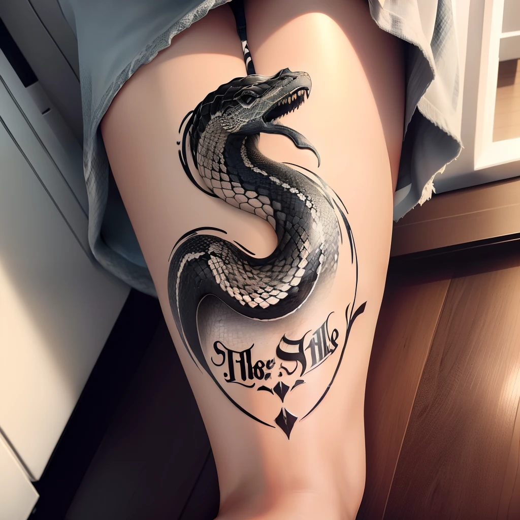 Black and white Tattoo of a snake with the words “This too shall pass” on the snake