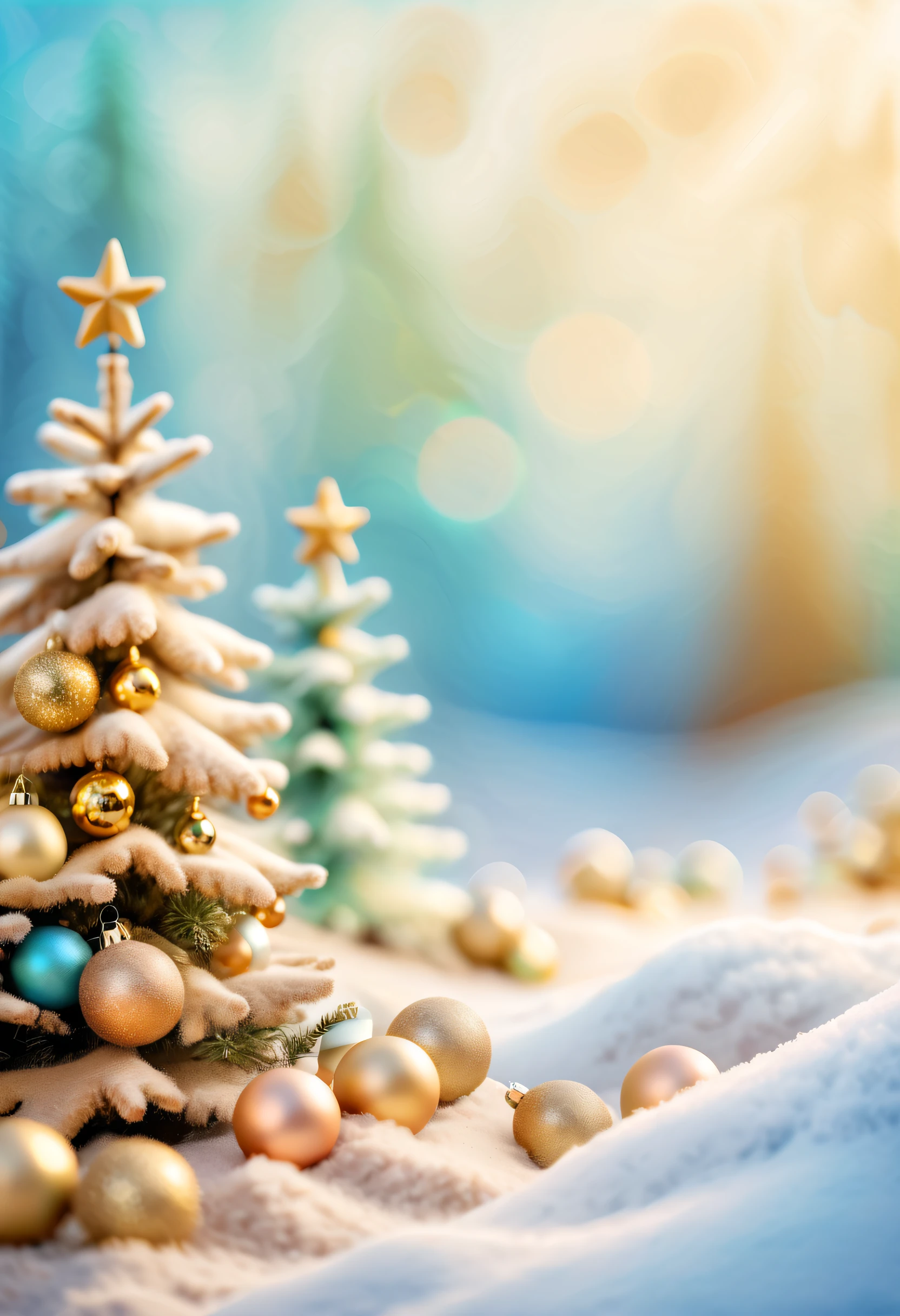 Fairy christmas landscape photography, in the style of light brown, pastel blue, golden and pastel green, bokeh, abstract blurred winter christmas, layered composition, joyful celebration of nature, dusty piles, realistic blue skies