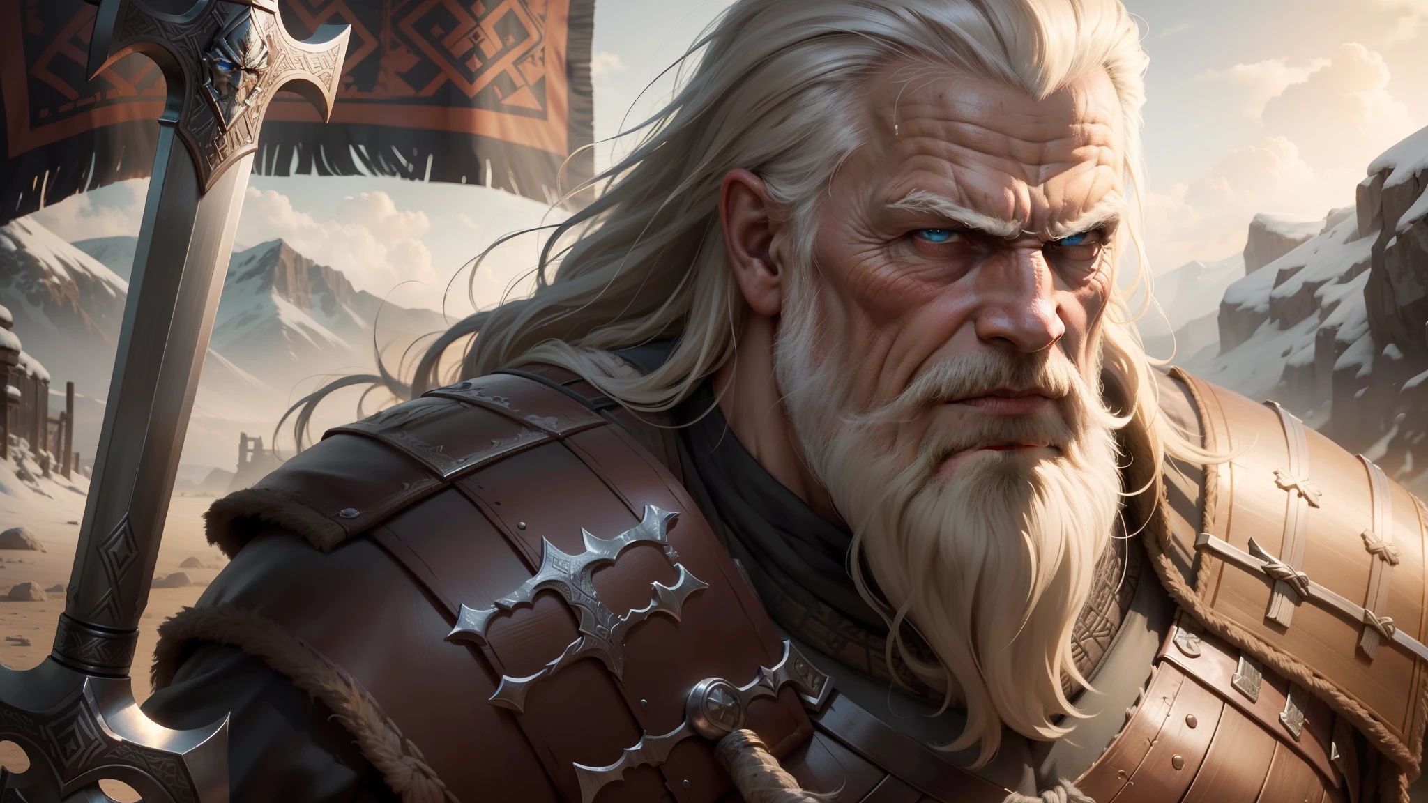 a close up of a drawing of an old man with a sword, looking at camera, aggressive, angry, ready to fight, viking warrior illustration, painted portrait of rugged odin, norse god, norse warrior, ancient viking warrior, odin, viking god, viking king, viking warrior, epic viking king, picture of an adult male warrior, dwarven, by Hristofor Žefarović
Sun kissed, dawn, bright light, 

UHD, HDR Ultra High quality details, 4k, portrait