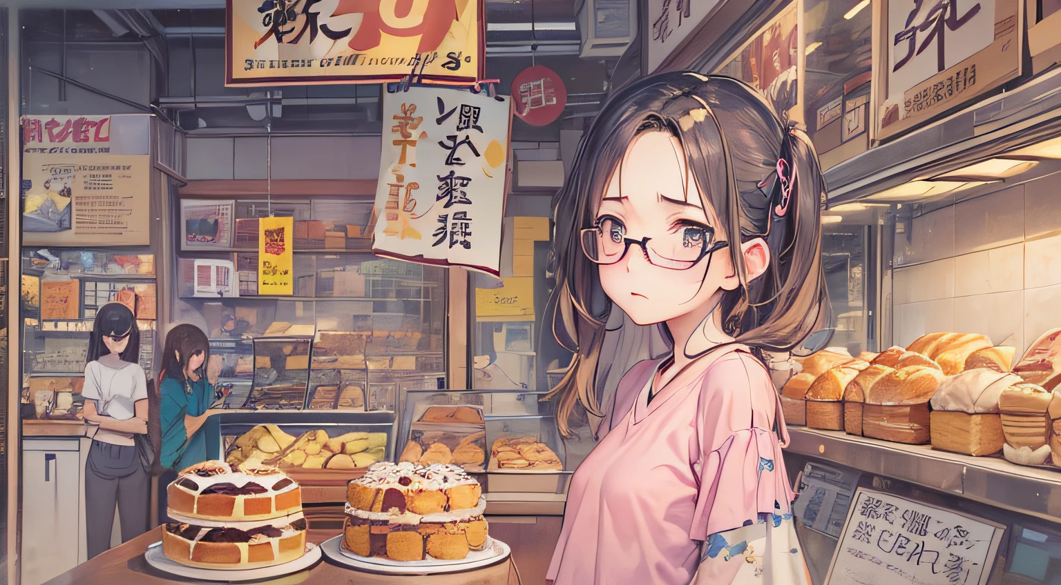 **masterpiece、top-quality、(brown colored long hair:1.1)、20-year-old yellow-eyed woman、japanese comic book、Large one-shoulder T-shirt in pink、Clothes are torn to tatters、being thin、(flat breast:1.1)、(Depressed and gloomy look:1.3)、(Staring:1.5)、(Close-up of the subject's face:1.3)、Bakery in the background、Bold composition、Upper body is shown、Alone、**