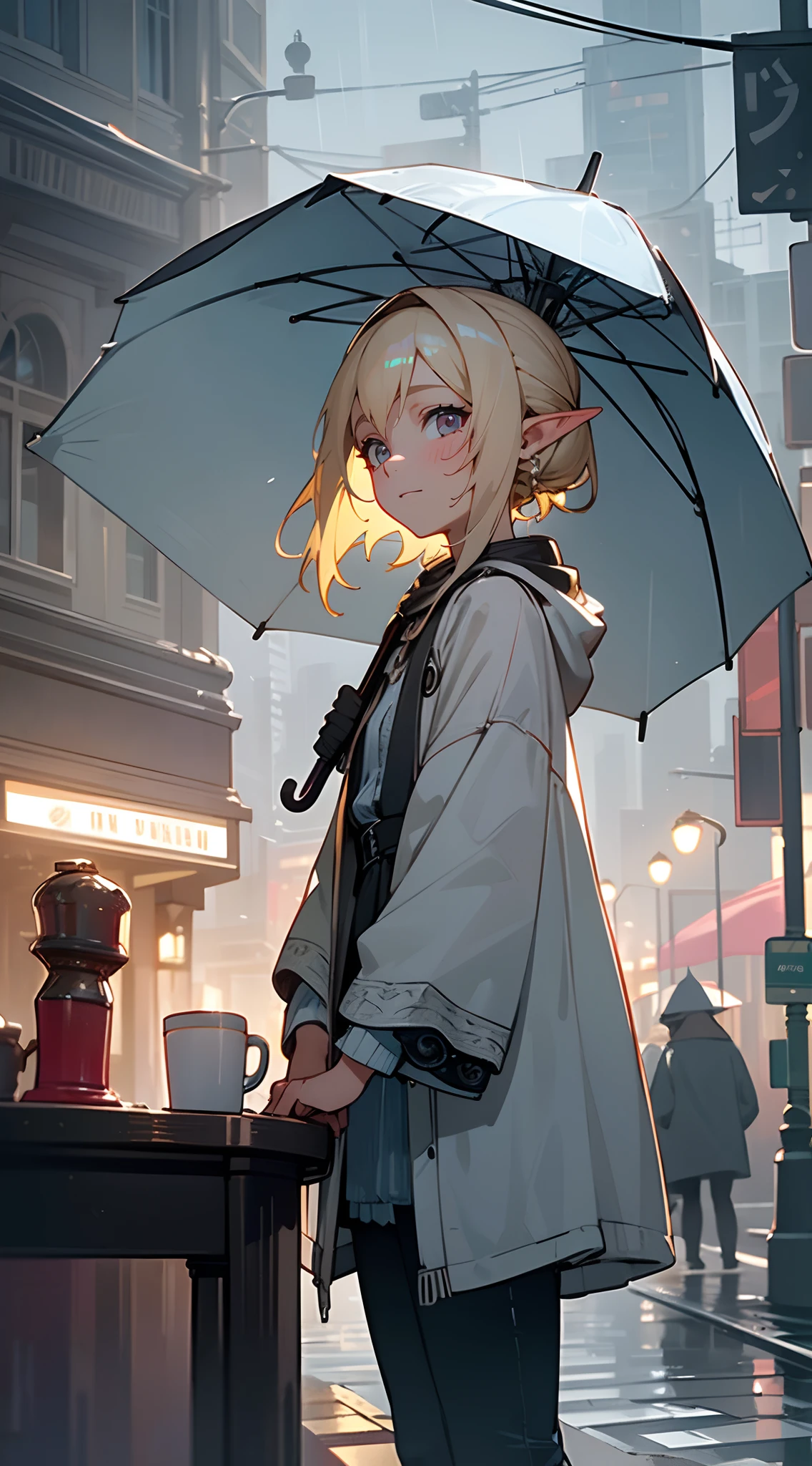 Mature woman woman , light skin , silver eyes , blonde hair , elf ears , small chest , hair in an up-do style , smaller more mature eyes , age 26,
Wearing A black hoodie, blue jeans , solo,
(masterpiece, best quality:1.3),beautiful detailed glow,best illuminate,(((best quality,textile shading,ultra detailed))),extremely detailed CG unity 8k wallpaper,Highly Detailed beautiful and aesthetic,best light,high resolution,detailed,dynamic lighting , 1Character , pastel washed out colors , cell shade , soft, muted shades ,gentle colors ,
, rain cascades through the cityscape, creating a shimmering curtain of vertical lines. Neon lights from the buildings and street lamps cast colorful glows into the night. Umbrellas of various shapes and colors dot the frame, held by anonymous figures beneath.
The streets are glossy with rain, reflecting the surrounding cityscape like a polished mirror. Pedestrians walk briskly, partially shielded by their umbrellas, while others are captured mid-stride. A couple of figures wait at a crosswalk, and the soft glow of a nearby café's sign adds a warm touch to the scene.
The streets are populated by a variety of vehicles. Car headlights and taillights leave streaks of light as they move through the intersection. A solitary bicycle is propped against a lamppost, hinting at the possibility of a cyclist seeking shelter from the rain.
Steam rises from a coffee cup on a cafe table, and the window's interior shows a cozy, inviting setting.