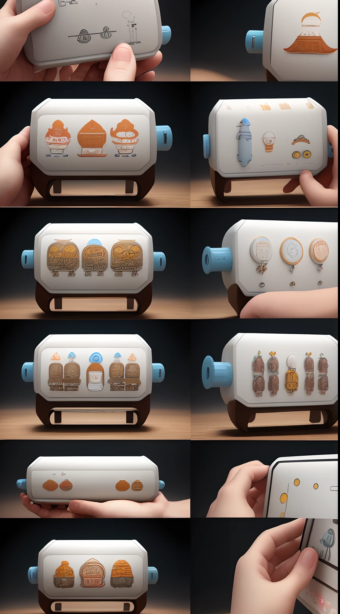 Product design,Cultural and creative product design,Handheld story machine for children,Shaanxi culture,High-quality 3D images for close-ups,High detail,Generate a front view,posterior view,the sideview,3 views,C4D,full bodyesbian
