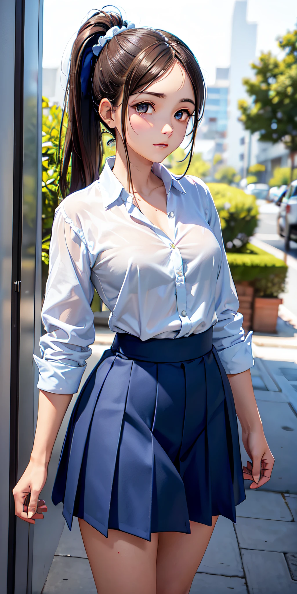 profesional: paso a paso , resultado final nivel dios: "18-year-old boy, medium light brown hair with two ponytails above the ears, has a perfectly formed body, , no wearing a bra and no , with formal school uniform consisting of a blouse with a V-neckline, unbuttoned, white, minifalda azul marino a cuadros estilo cowboy plisada, nalgas descubiertas calcetas a medio muslo, zapatos de tacon numero 10