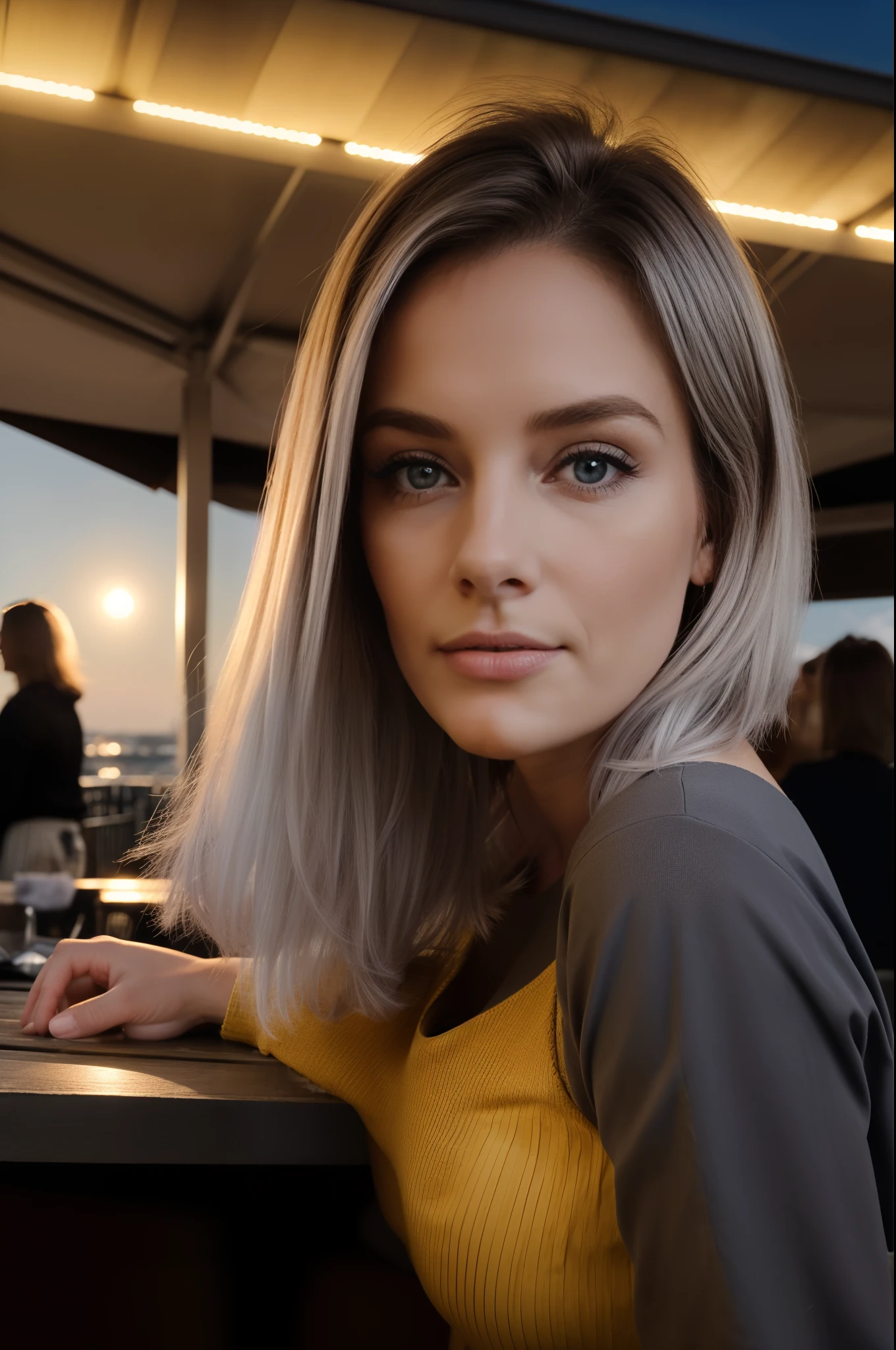 Portrait d’une femme de 80 ans aux cheveux gris, Regard séduisant, cheveux gris de peu de temps, yeux bleus, beaucoup de rides sur son visage, vieille femme, Rides détaillées (8k, résolution élevée、L’ultra qualité, Une qualité d’image ultra-élevée、ultraréaliste、meilleur qualité、Pièce Masuter:1.2)(poitrine moyenne、grand clivage:1.2) les seins moyens sont exposés、(Les femmes âgées en Europe) belle robe de soirée bleu foncé, yeux visibles à travers les cheveux, Position correcte des yeux,Lumière cinématographique, , Lumière douce, Hanches, la nuit, doux clair de lune, arrière-plan détaillé, Contexte clair, MILF, Très détaillé, 8k, Une table dans un restaurant sur le toit d’un hôtel gratte-ciel en plein air, Vue de l’arrière-plan de toute la ville