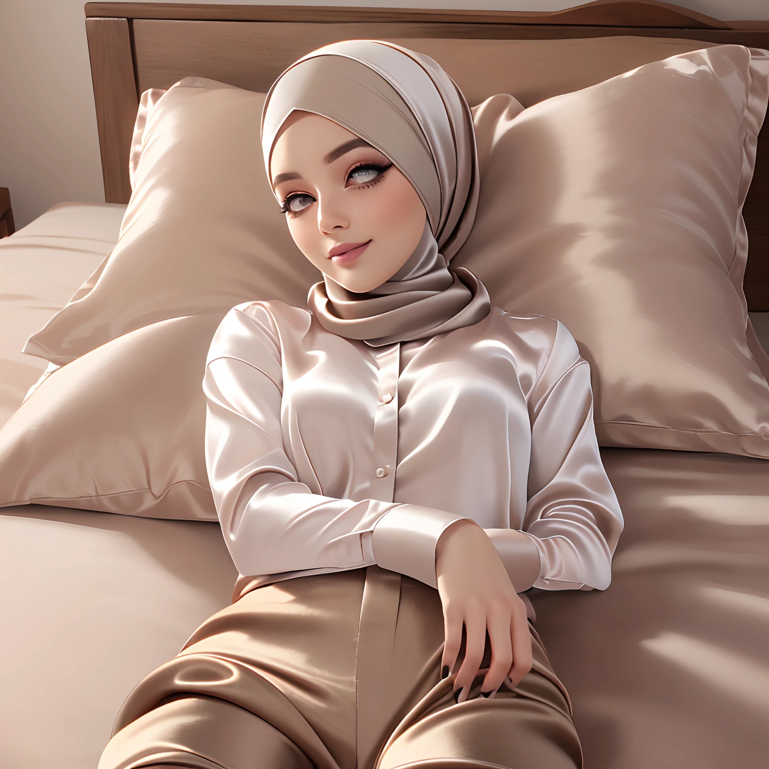 (Masterpiece, realistic, best quality, best lighting, 1 girl photo solo, beautifully makeup, eyeshadow, Parted Lips, Detailed Eyes, beautiful big eyes, long eye lashes, smile, wearing ((Taupe satin headscarf)), loosely tide hijab style, ((Taupe satin shirt)), satin long pants, sleeping on bad, head on pillow