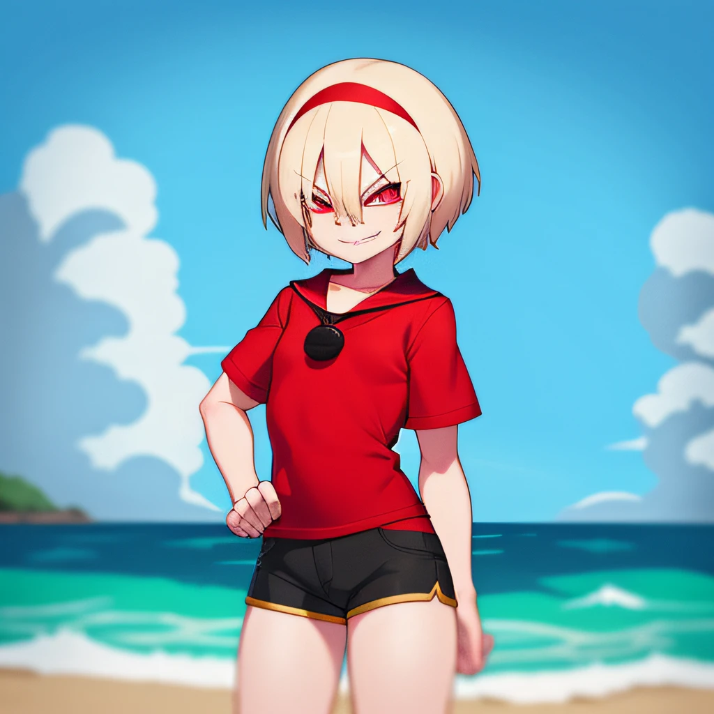 "Sinisterly smirking, with glowing red eyes, 1girl, standing on the beach, tight clothing, Short sleeves and short shorts,