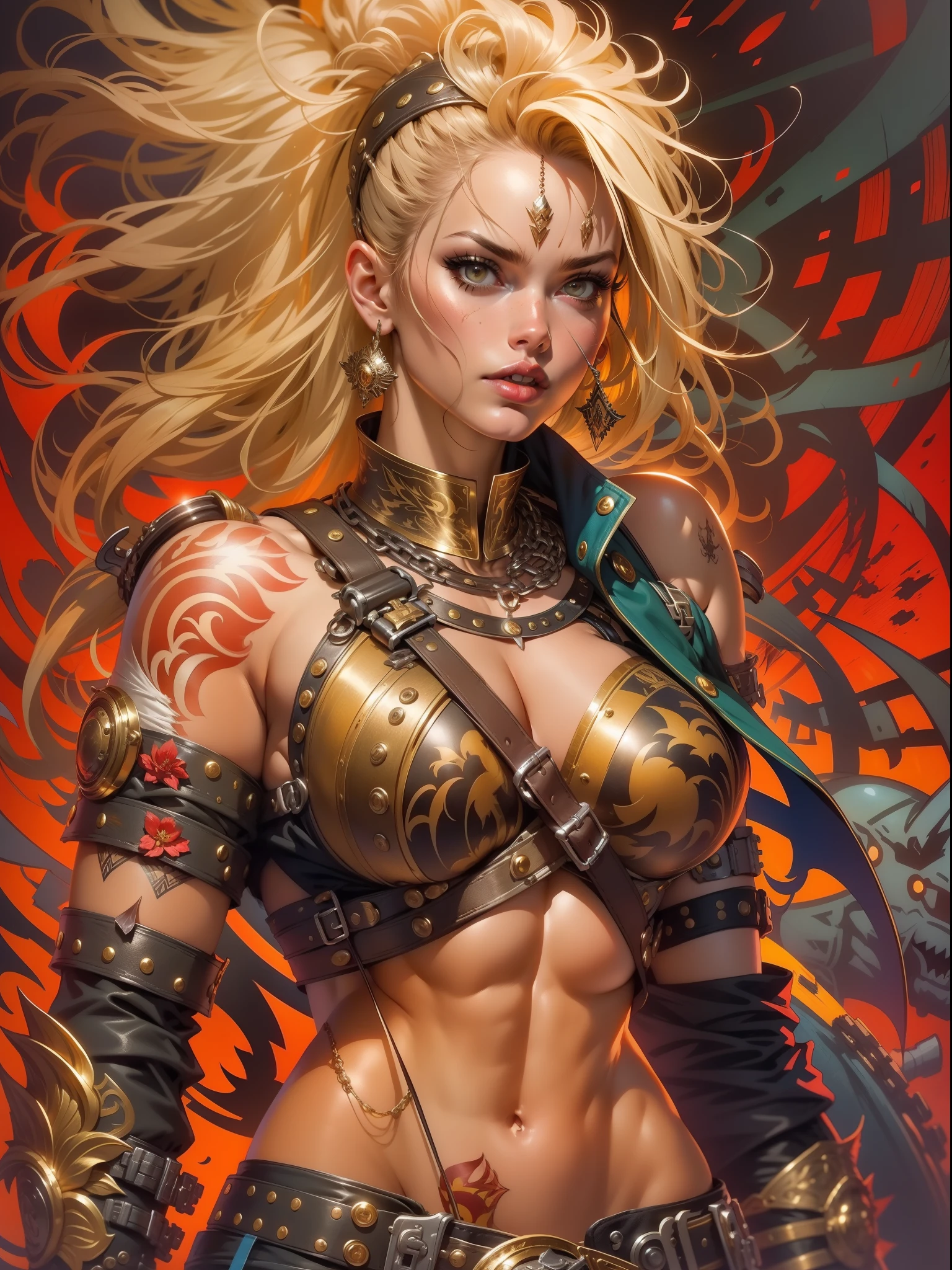 (((woman))), (((best qualityer))), (((tmasterpiece))), (((AS-Adult))), A 35-year-old female warrior with a perfect body, Brooklyn gladiolus, (( nedium breasts )), Simon Bisley, Almost naked(Simon Bisley)Urban savage style《heavy metal》MagazineCover, blond hairbl, Minimum clothing, em cor azul escuro,Lightning gold and red and gold patterns, armure, Full of tips and rivets, tribal tattoos, (((From the knee up))), (((whaite hair)))