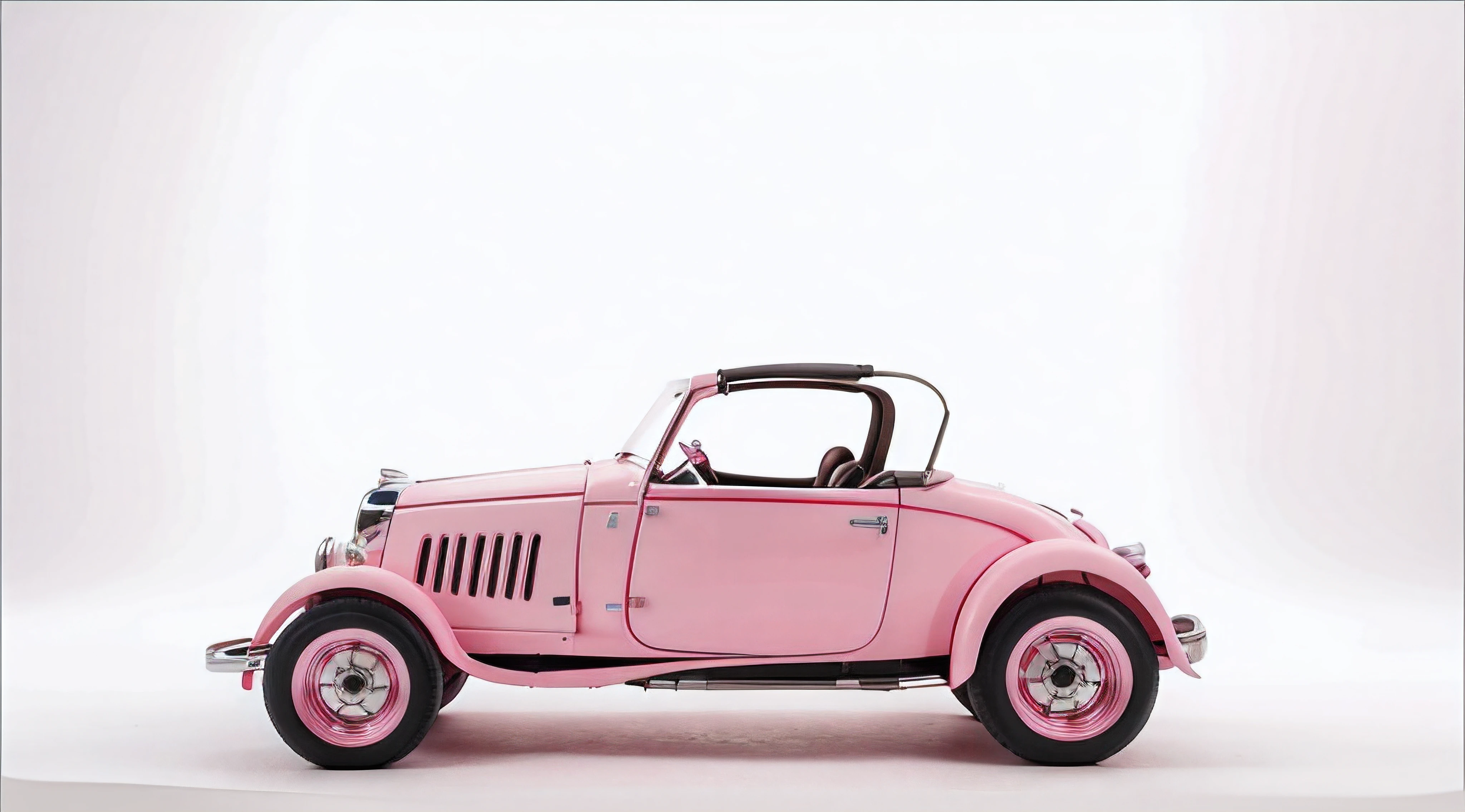 Pink retro four-wheeled roadster，Cartoon hand drawn style，Close-up of the front view，white clean background，behans