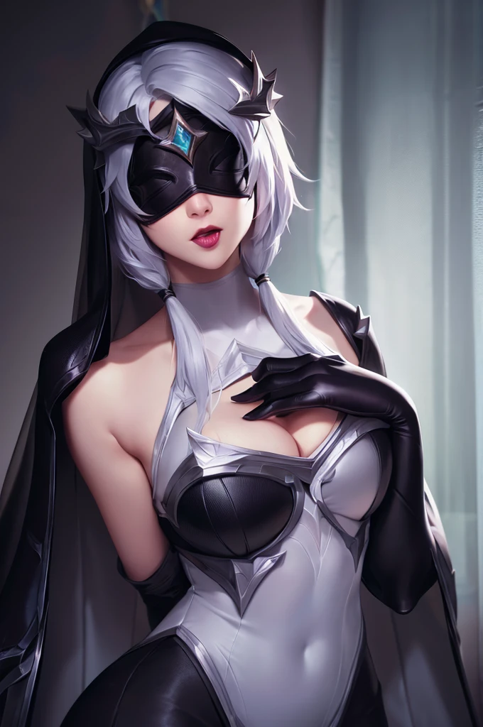 (League of Legends:1.5), [quantities: :1], Upper body, Close up, 
[Main: :1],1girll,White hair,Short hair,Curtains,bodystocking,(Black silk veil:1.2), Black lace elbow gloves,
[Emotional: :1],(Blindfold:1.3), Blush, with her mouth open, Put her tongue out, 
[Behold the: :1], put your hands on the chest, 
[ferry: :1],(chies:1.2),
[key: :1],(White chest curtain:1.2), bodystocking, 
[the lora: :1],