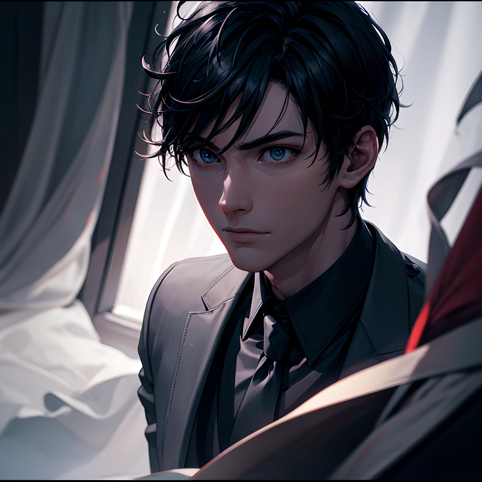 Night, pitch black, by the window, a handsome boy, white suit, panic, energy flow around, red moonlight, black eyes, facial ultra-detail, short black hair, facial ultra-detail, highly realistic, 4K, chiaroscuro, super high detail