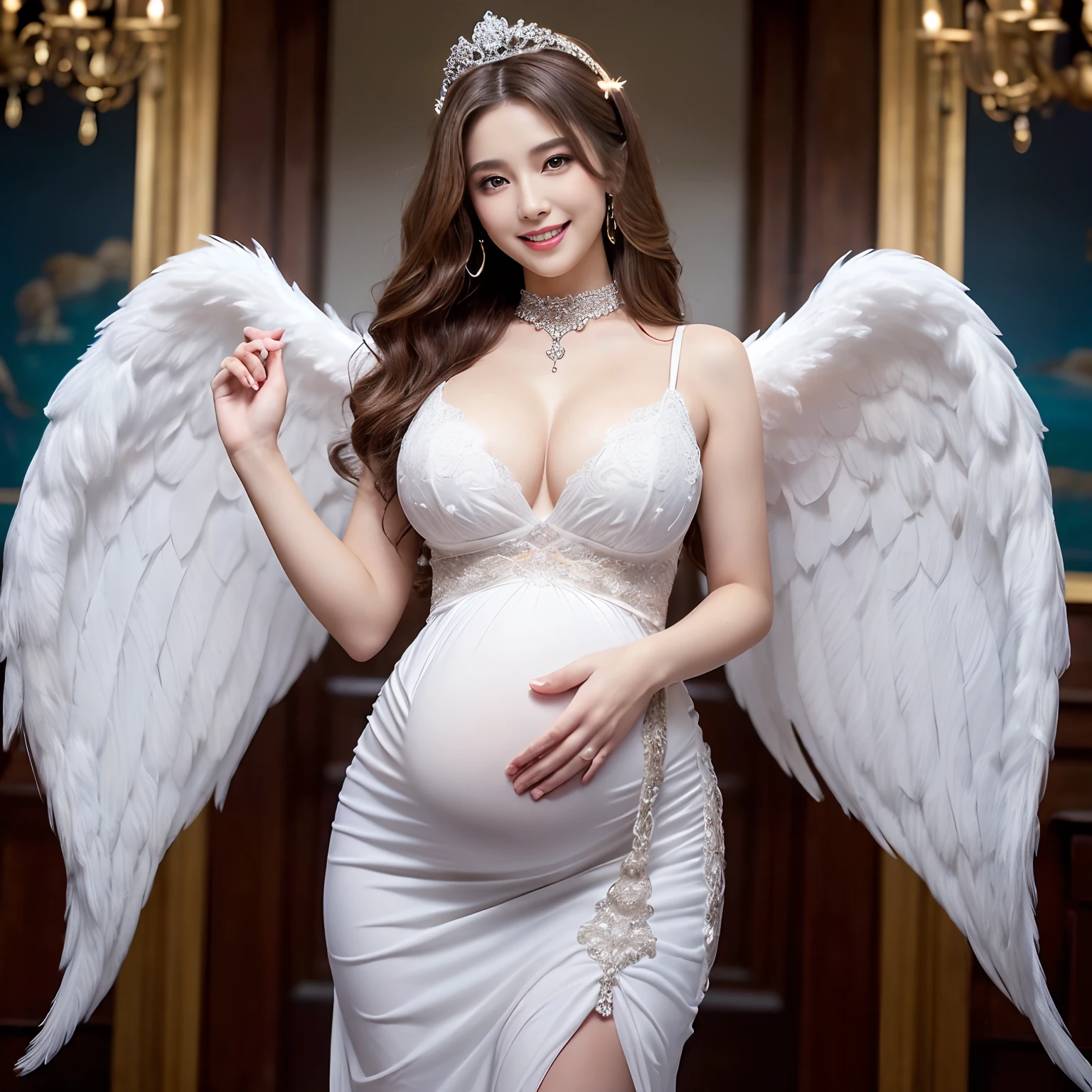 ((Very beautiful angel queen,pregnant,Slightly bulging belly,maternal,mothers,Biggest smile,Final Form as Perfect Angel, The most massive princess dresses,手链,Necklace of the finest,artistic décor,Angel masterpiece,Huge and realistic angel wings,The most dignified feathers,Deities々Shikai,The most luxurious and sacred temple background,White temple background,King of Angels,The most dignified angel,Intricate and solemn dresses,White decorative dress,Huge Princess Dresses,The most majestic figure of the angel,The most intricately depicted angelic figures,the most beautiful in the world,Unimaginable beauty,divine atmosphere,The most intricate and beautiful dresses,Accurate reproduction of perfect angelic details,The figure of an unimaginably gorgeous angel,The figure of an unimaginably huge angel)),((Most beautiful face,Half Japan and half Spanish,The happiest smile,Beautiful wavy hair,The most luxurious and intricate dresses,The biggest smile staring at the camera)),(Graceful standing,A dress that tightens the waist,,Chest that seems to burst,Colossal tits,Emphasize body lines))Giant wings of angels,The background is the perfect angel castle look,masutepiece,8K,very intricate,ultra-detailliert