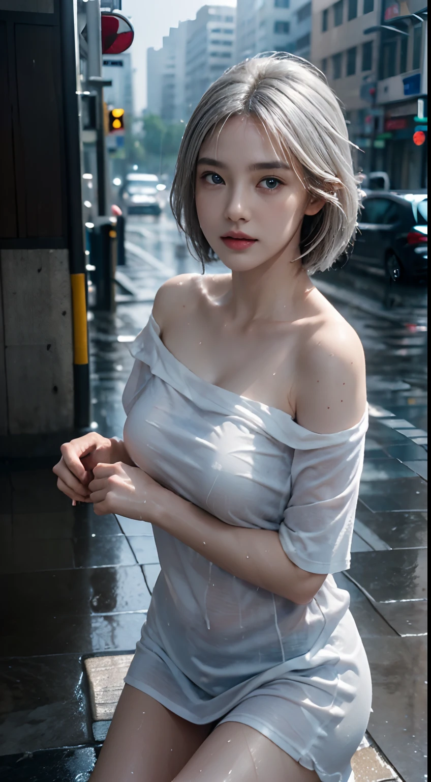 Young Japan woman standing, ((City Street)), ((Fully clothed)), ((Off Shoulder T-Shirt Dress)),((Barefoot)), Short-haired blonde, slim build, two tone color hair, PM, Gray Light, overcast, Detailed background, Dark, busy street, Crowding Street, Cinematic, pessimistic, masutepiece, Best Quality, Raw photo, Up-close, zoomed, Photorealistic, ((view the viewer)), Embrace yourself, translucent, Dripping wet, beautiful realistic photo, Surreal fantasy photography, close up, Tight frame, 8K, ultra-detailliert, Detailed skin, Blue eyes, Dark skin, ((Drenched)), ((soaked)), (Dripping water), Flabby clothes, Wet Street, wet all over, wet dripping hair, angle of view, (posed for photo) Portrait, close-up, bottom angle, myst, ((Heavy rain)), ((Hazy rain)), rain drops on face, Wet face, Shallow depth of field